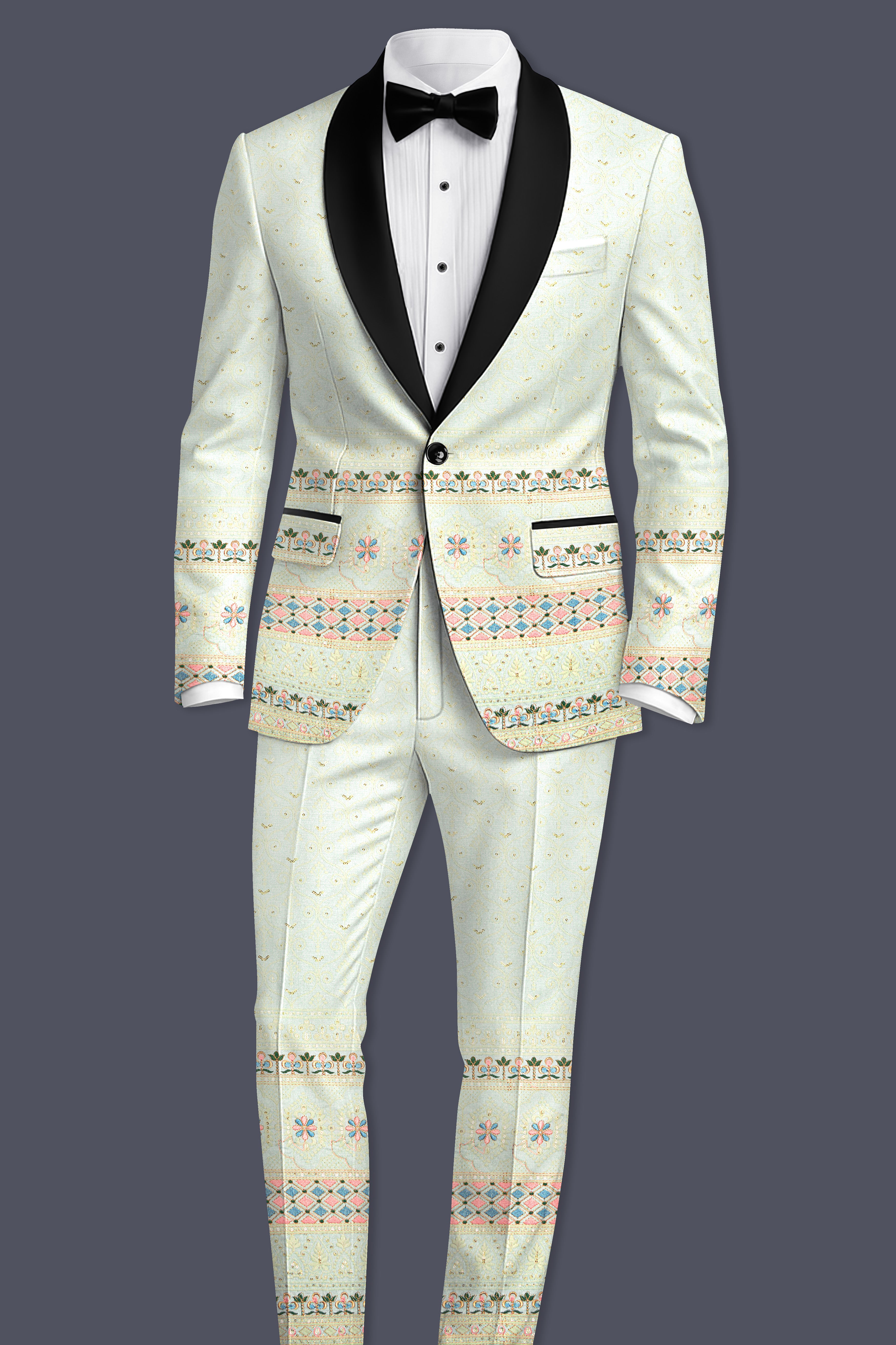 Auressa-merino Cream And Finch Green Multicolour Thread and Sequin Embroidered Designer Tuxedo Blazer
