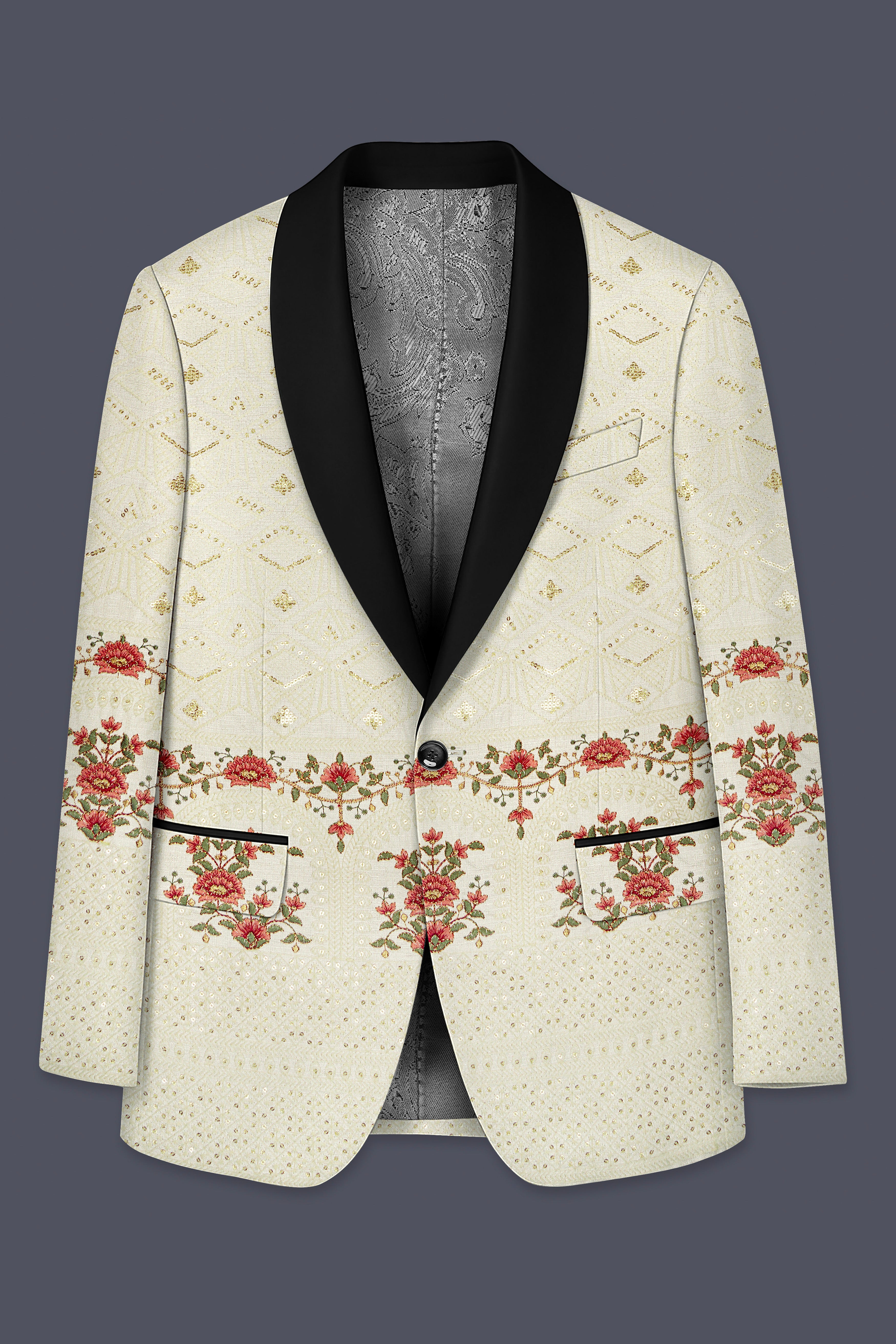 Ivrosa-Porcelain Cream and Apricot Peach Multicolour Thread and Sequin Embroidered Designer Blazer