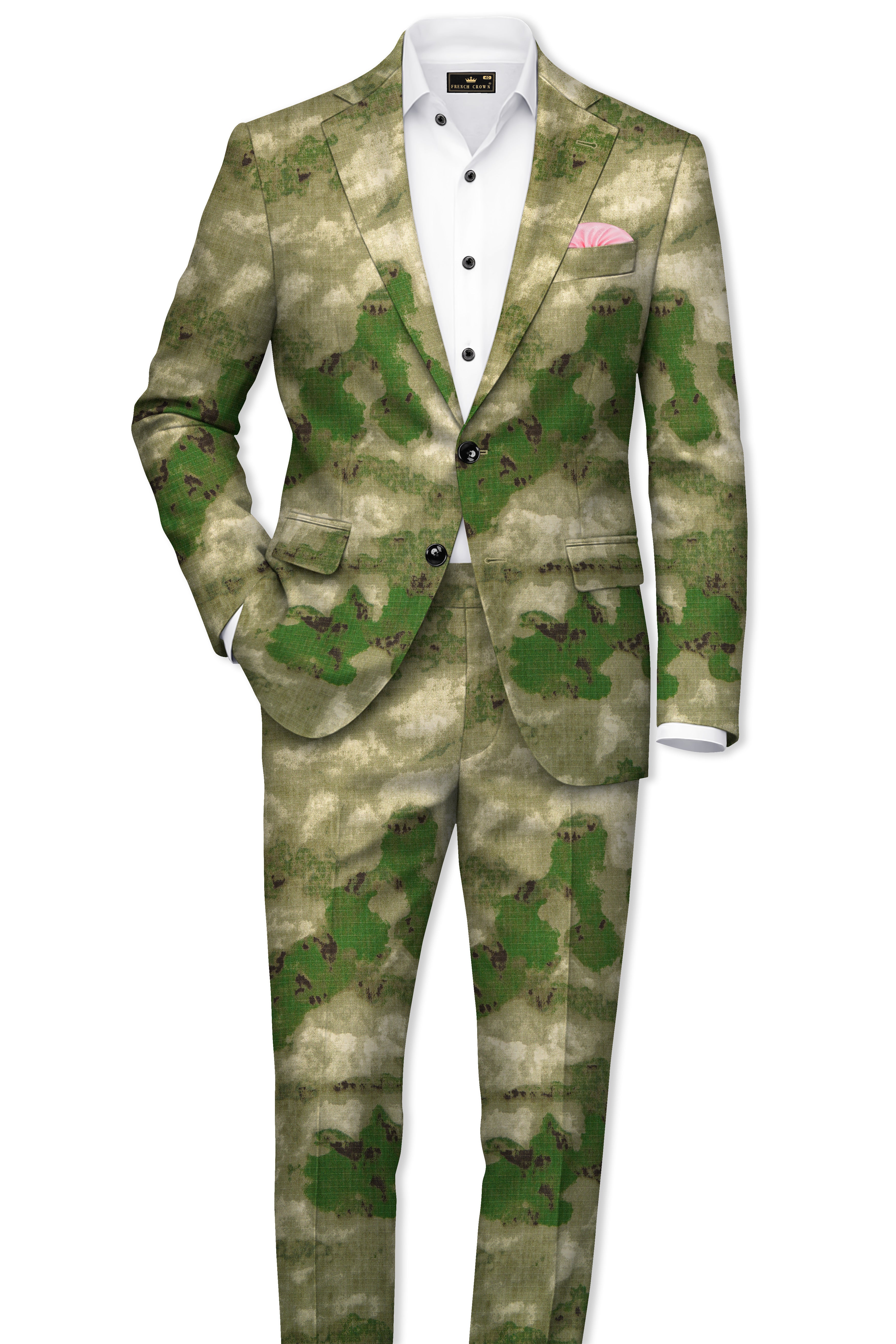 Virenza-Rifle Green and Wafer Cream Tie Dye Printed Premium Cotton Single Breasted Blazer
