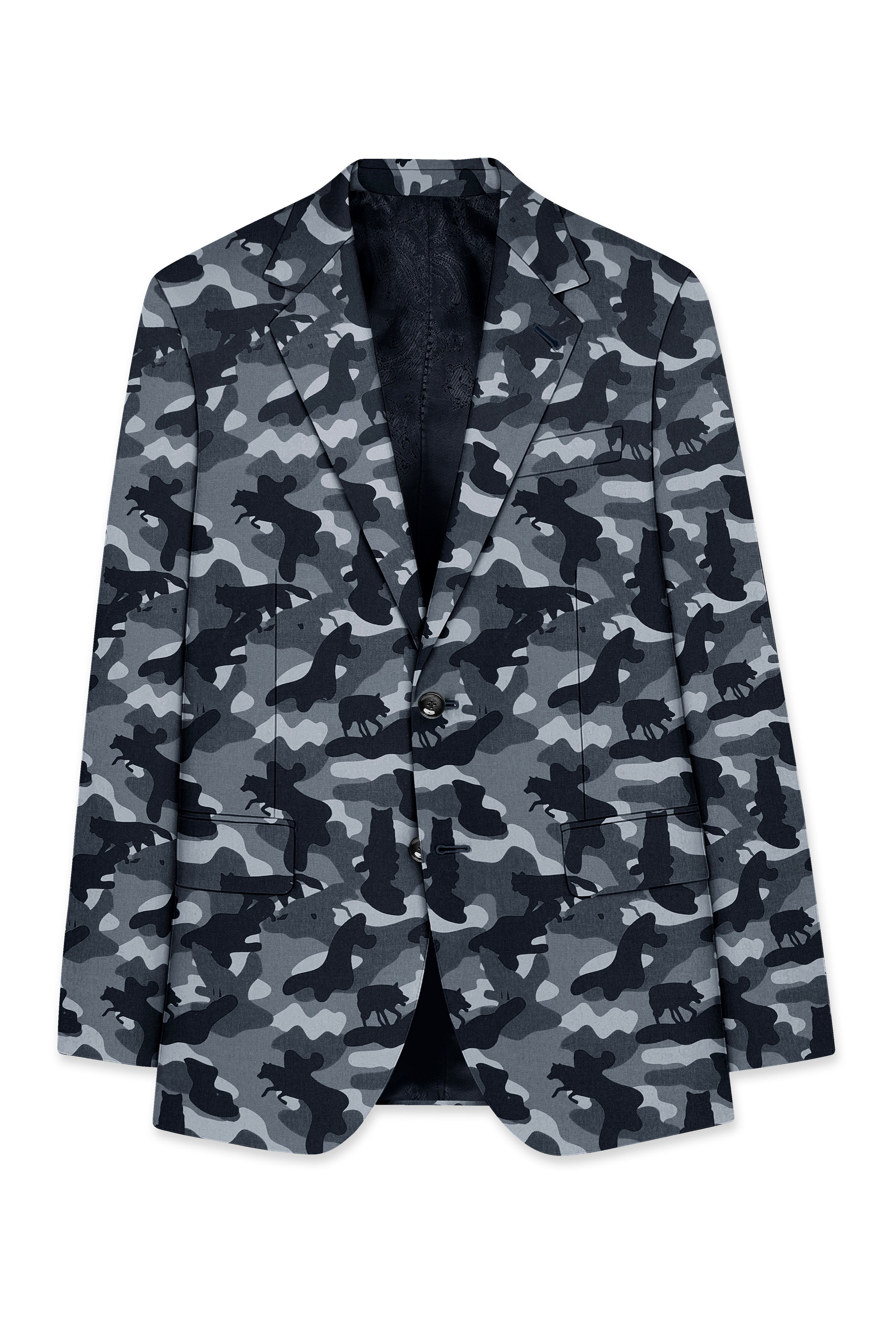 Obscaro-Carbon Gray And Cinder Black Camouflage Printed Cotton Single Breasted Blazer