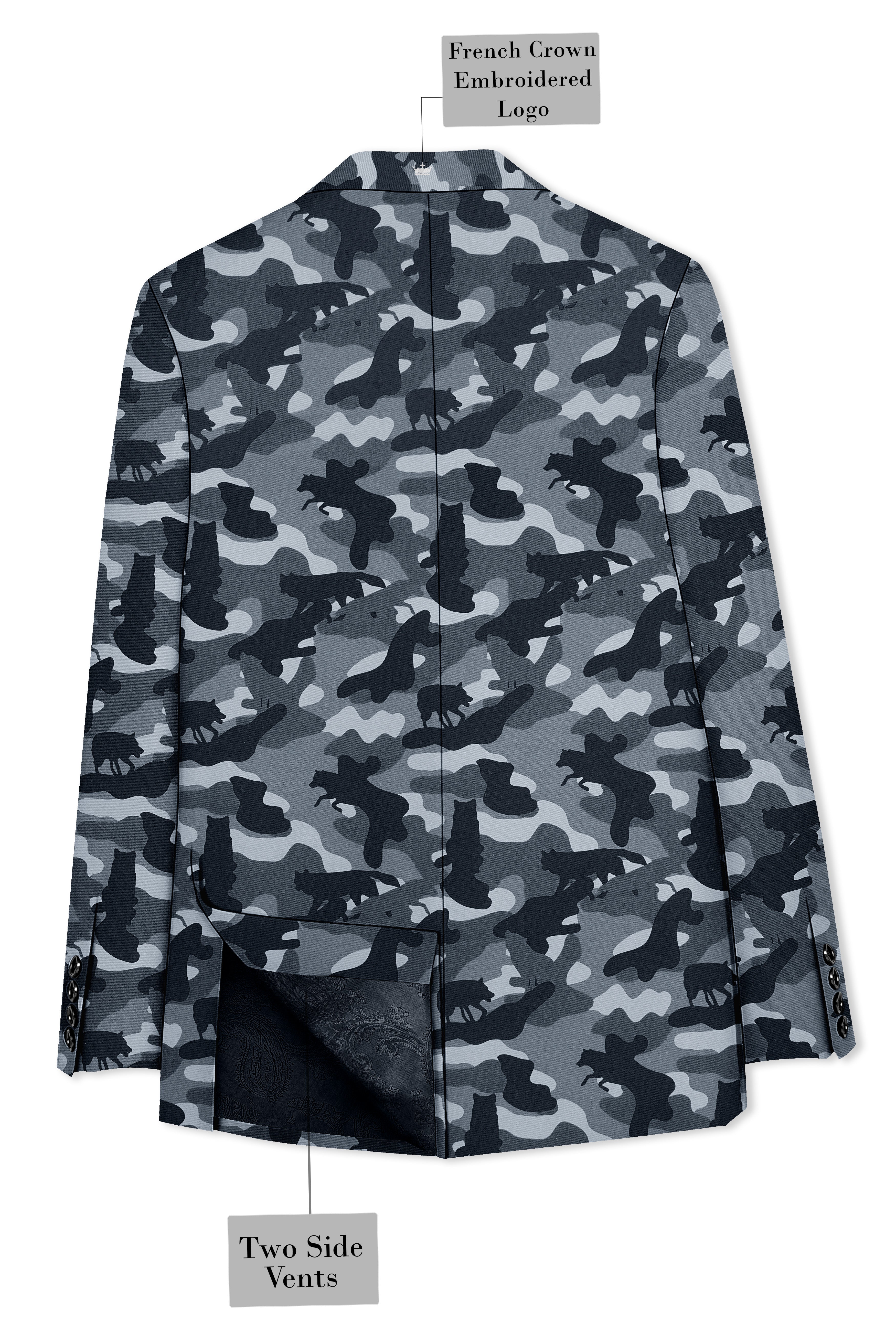 Obscaro-Carbon Gray And Cinder Black Camouflage Printed Cotton Single Breasted Blazer