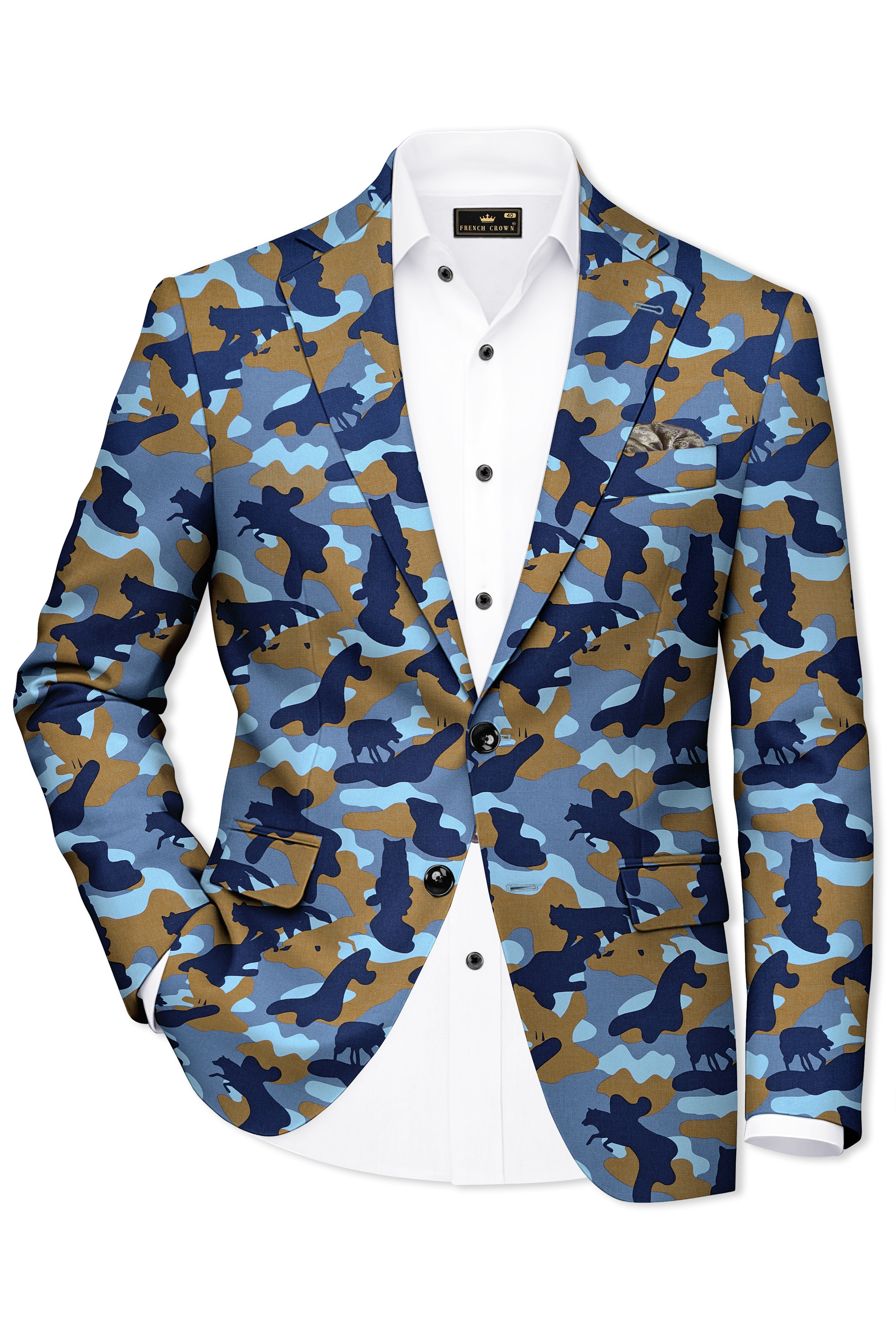 Bluvoro-Martinique Blue And Irish Brown Camouflage Printed Single Breasted Blazer