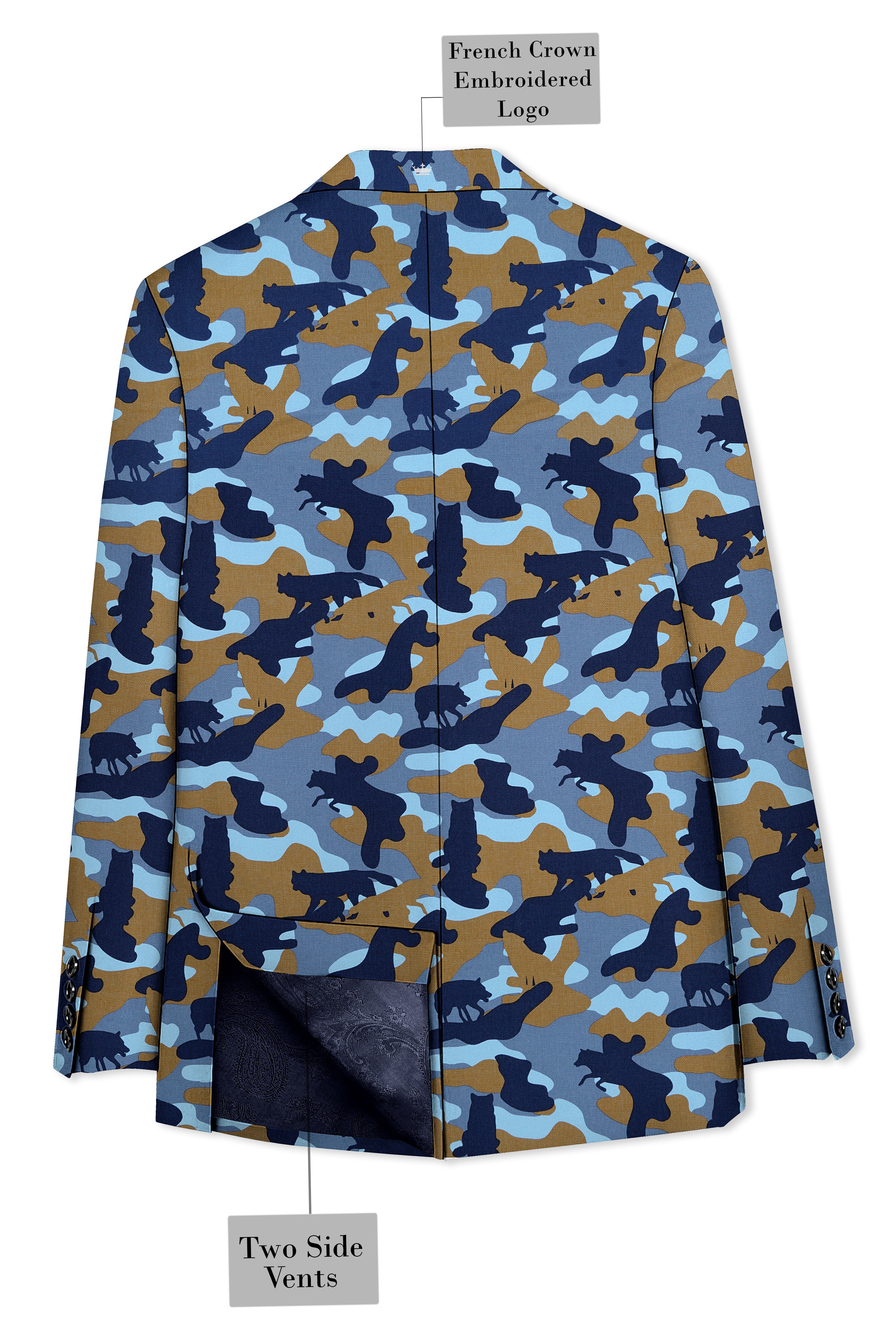 Bluvoro-Martinique Blue And Irish Brown Camouflage Printed Single Breasted Blazer
