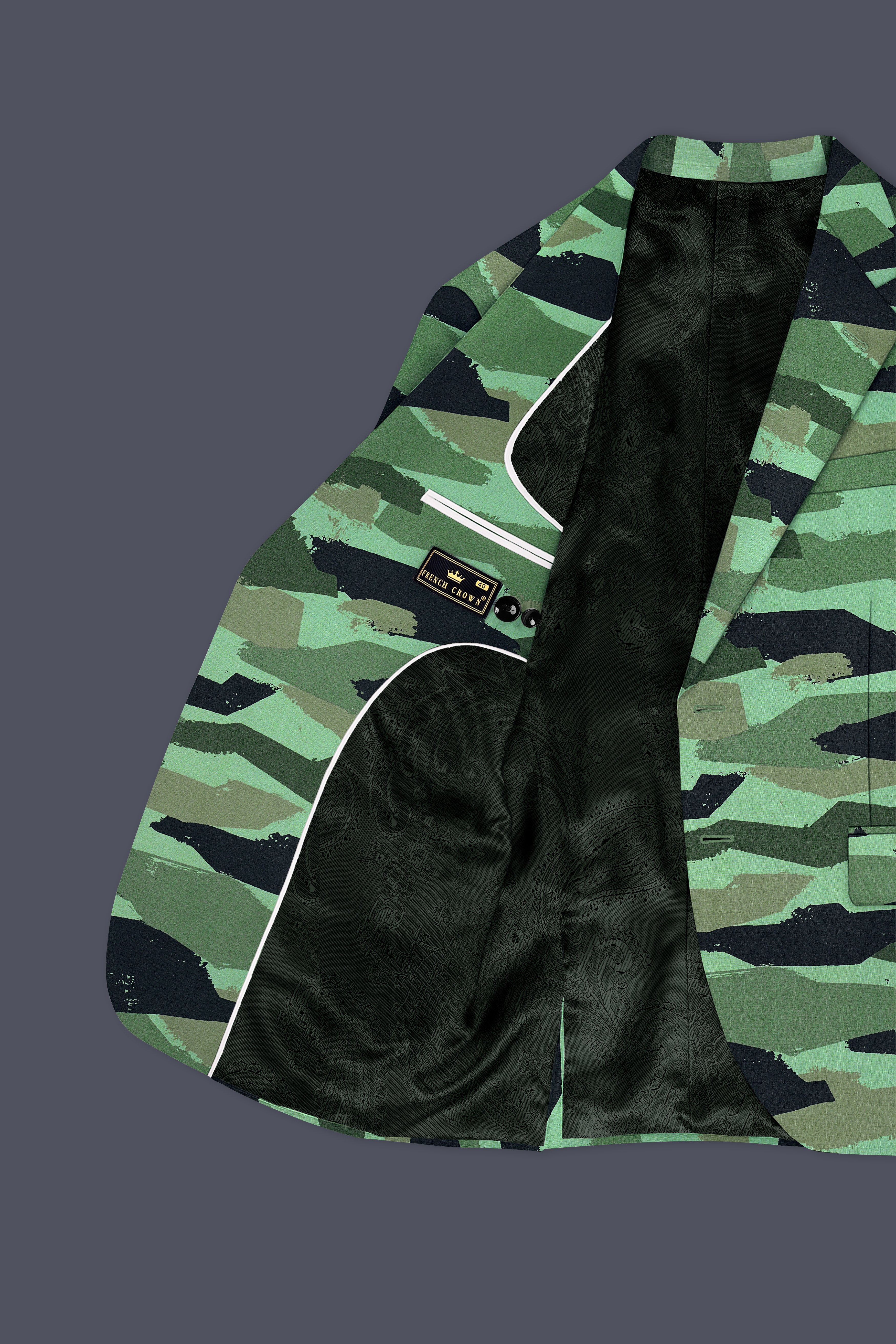 Verdvoro-Pale Green And Firefly Blue Camouflage Printed Premium Cotton Single Breasted Blazer