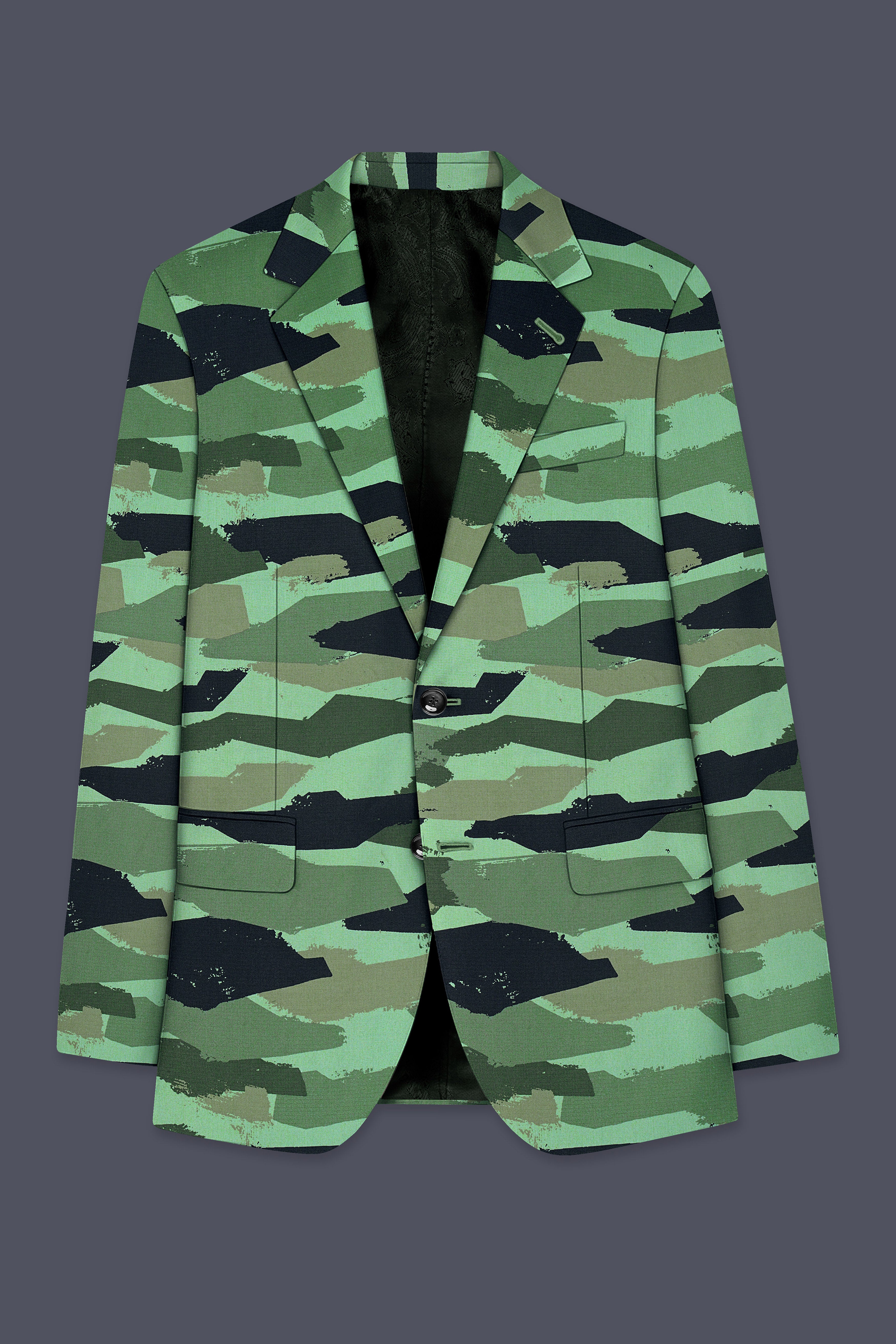 Verdvoro-Pale Green And Firefly Blue Camouflage Printed Premium Cotton Single Breasted Blazer