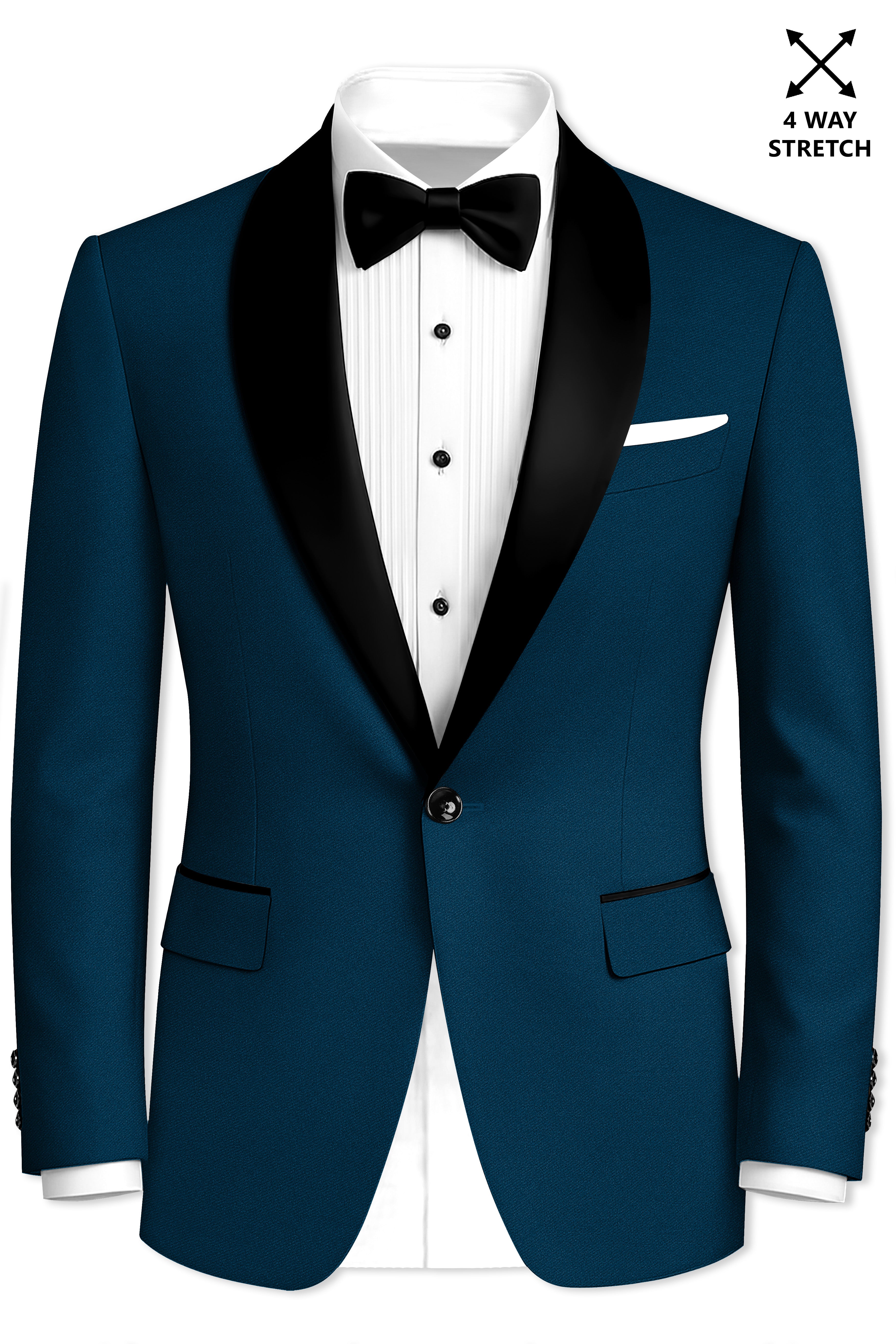 Aureblu-Korean Prussian Blue 4-Way Stretch Wool Rich Tuxedo Blazer