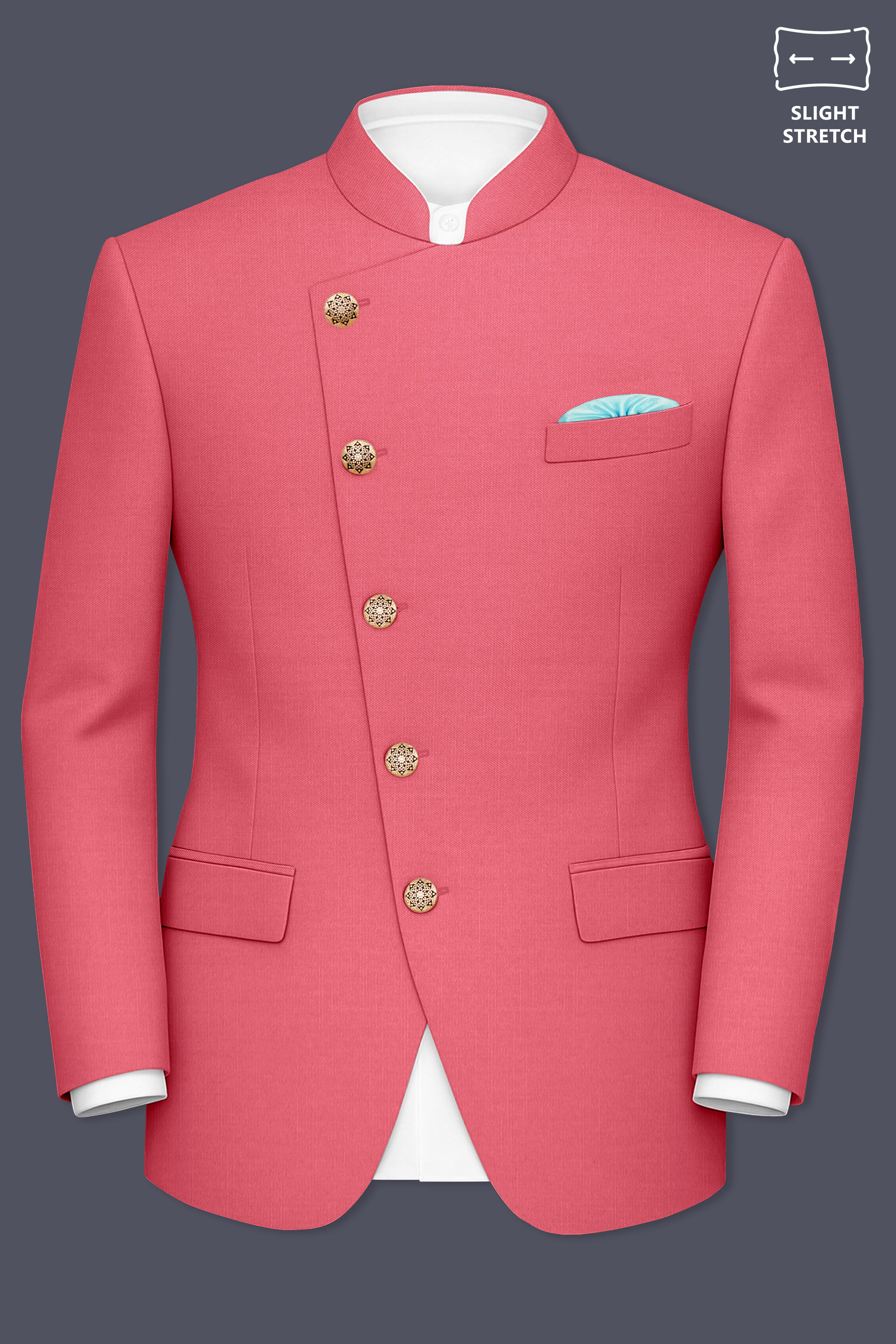 Aurerosa-Roman Pink Wool Rich Cross Placket Bandhgala Slight Stretch Blazer