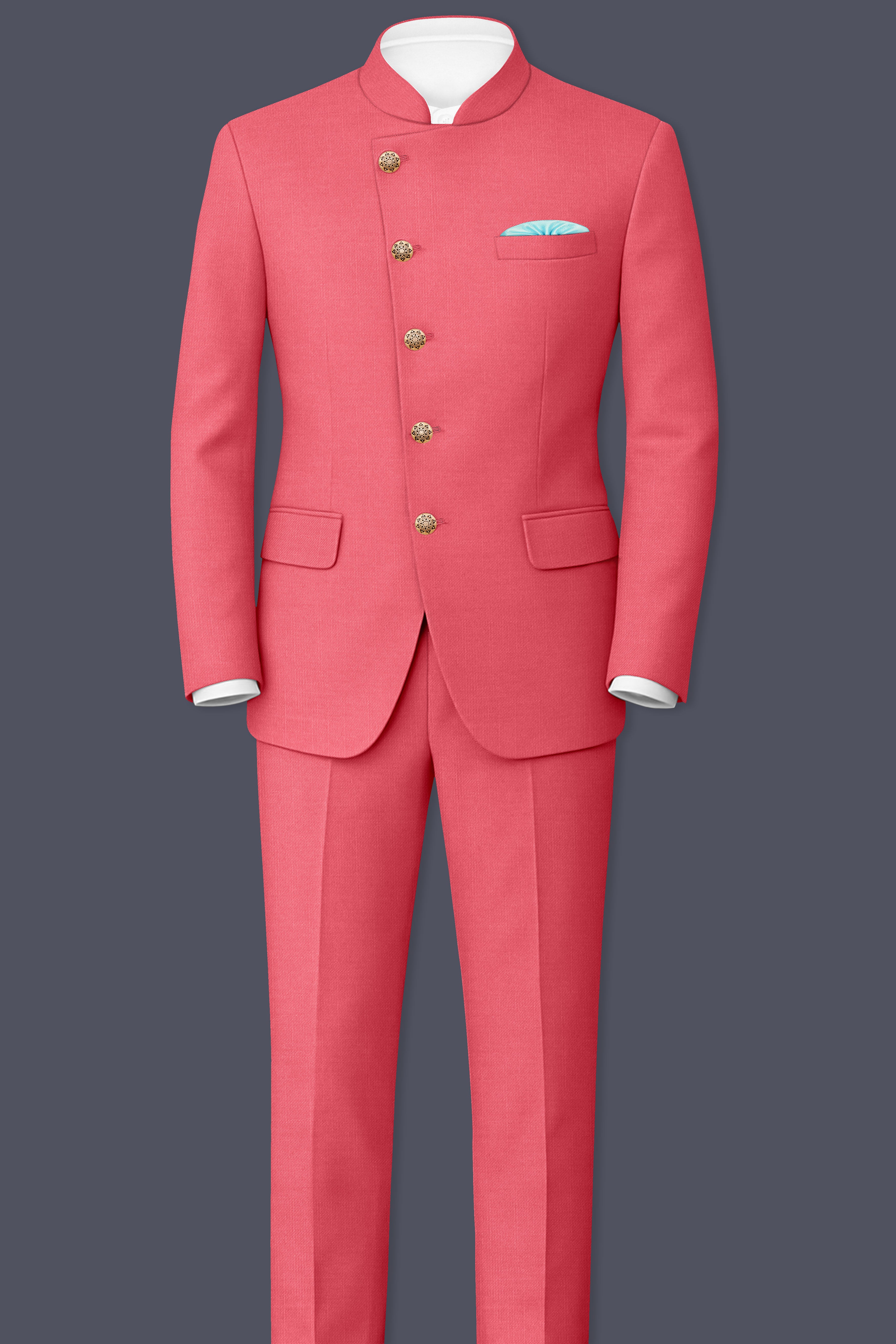 Aurerosa-Roman Pink Wool Rich Cross Placket Bandhgala Slight Stretch Blazer