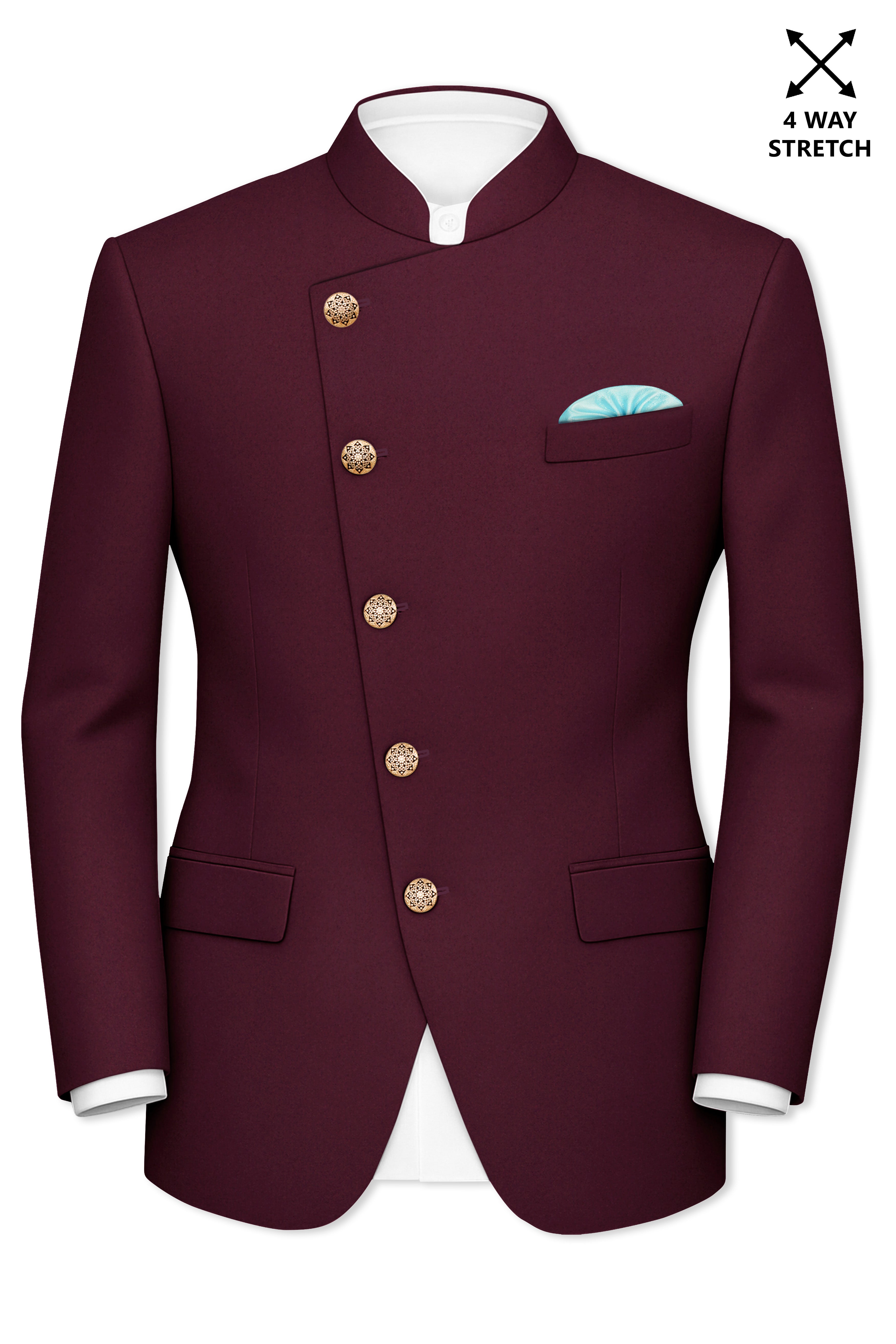 Flexmaro-Korean Crater Maroon 4-Way Stretch Wool Rich Cross Placket Bandhgala Blazer