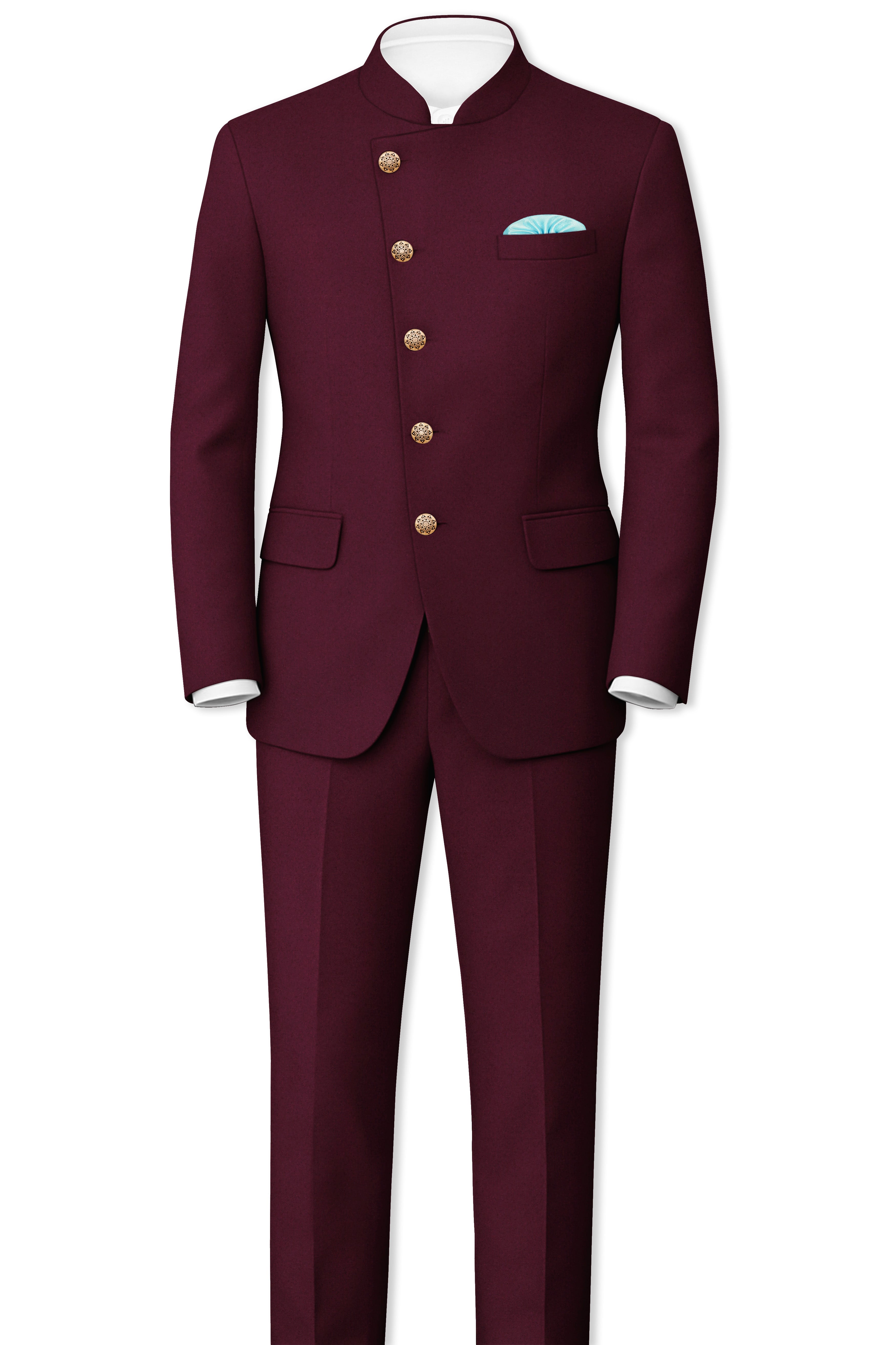 Flexmaro-Korean Crater Maroon 4-Way Stretch Wool Rich Cross Placket Bandhgala Blazer