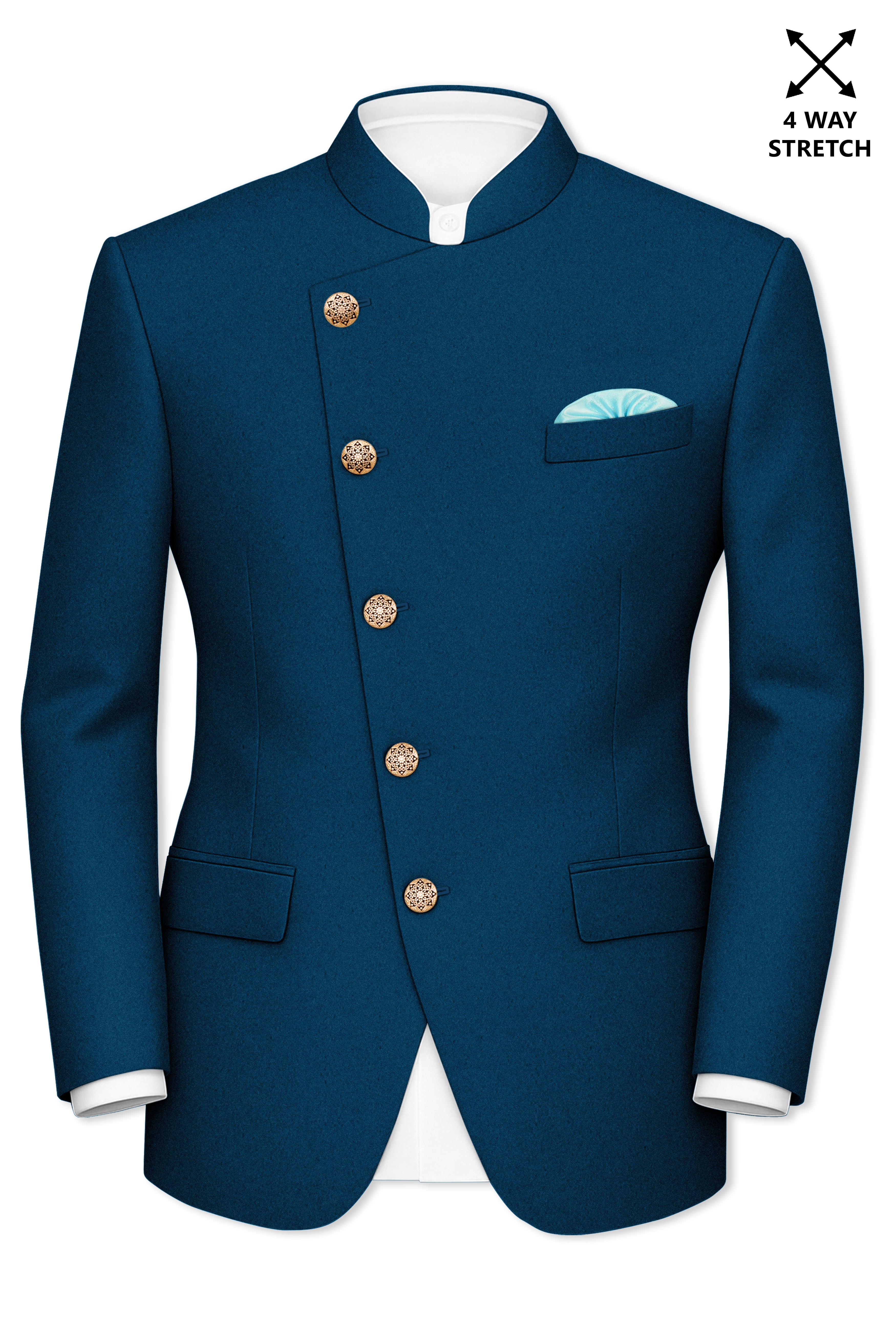 Aureblu-Korean Prussian Blue 4-Way Stretch Wool Rich Cross Placket Bandhgala Blazer