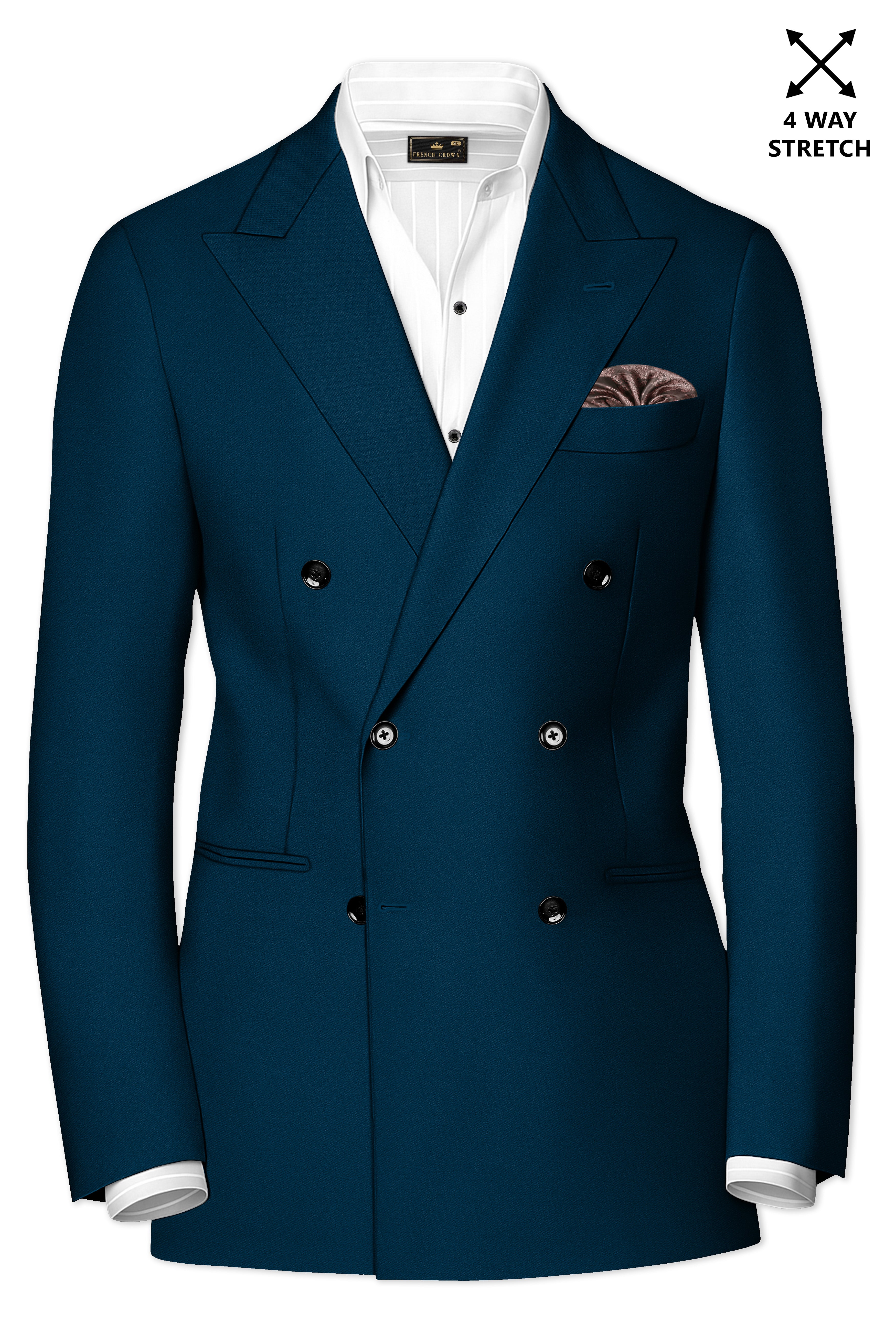 Aureblu-Korean Prussian Blue 4-Way Stretch Wool Rich Double Breasted Blazer