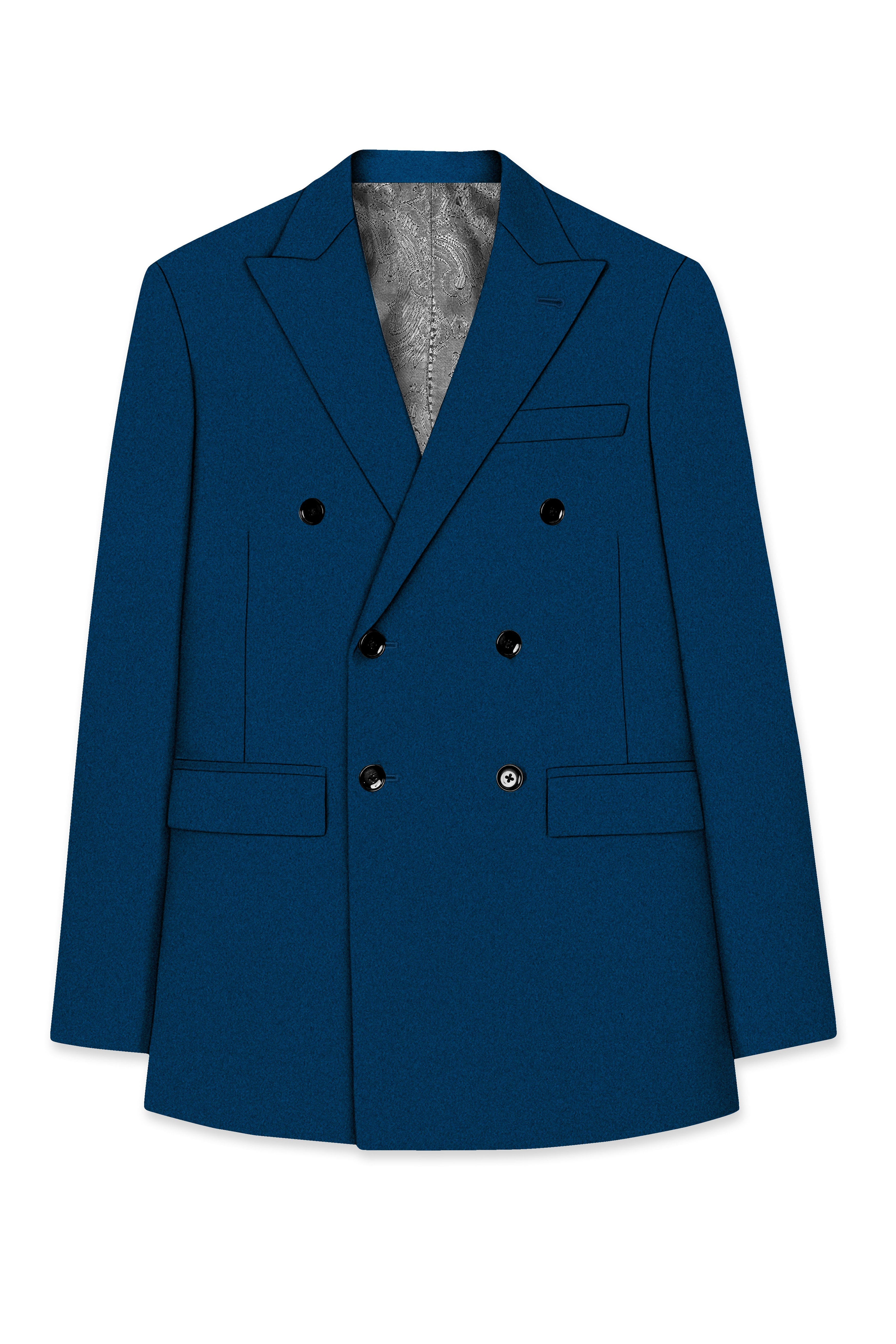 Aureblu-Korean Prussian Blue 4-Way Stretch Wrinkle-Free Wool Rich Double Breasted Blazer