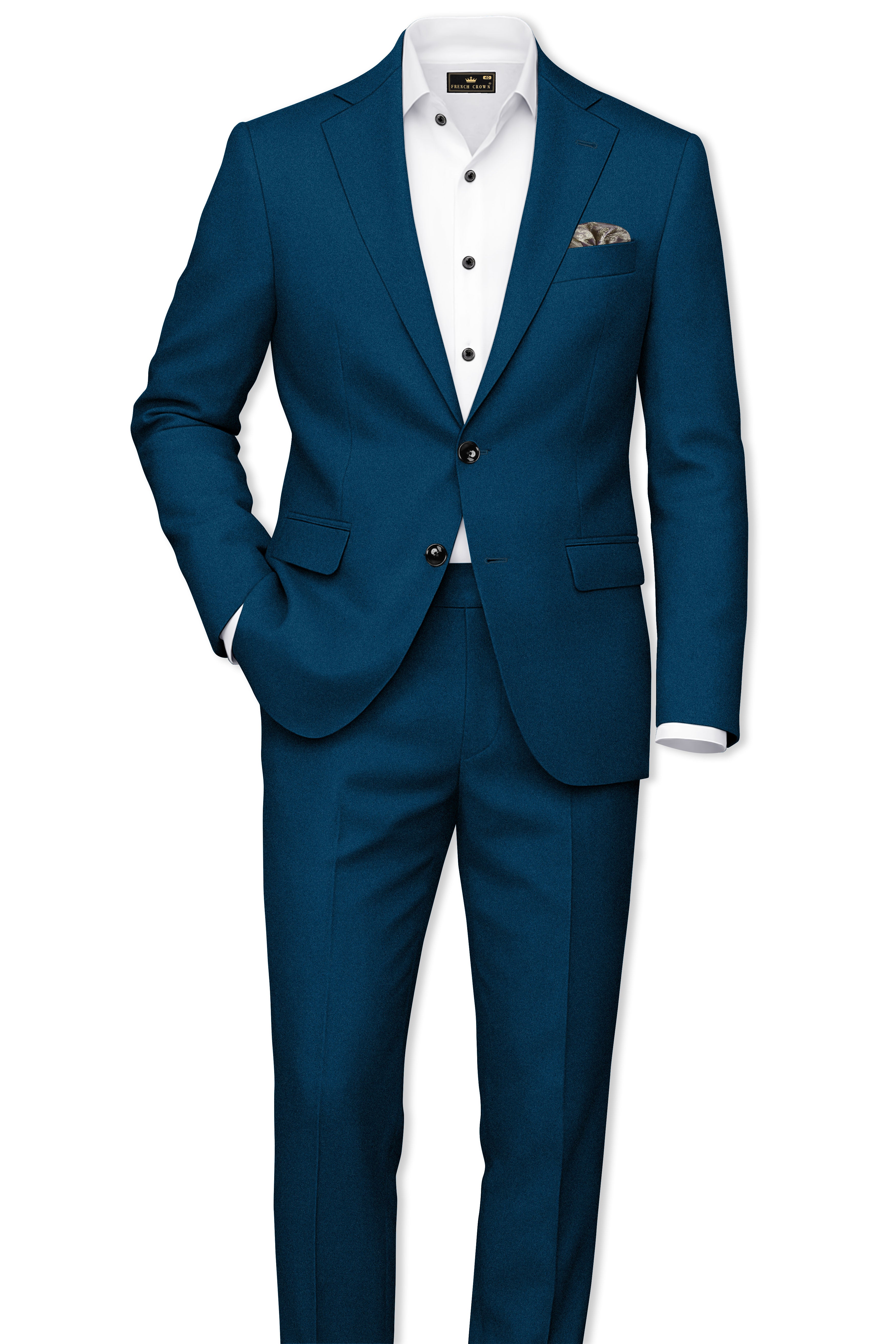 Aureblu-Korean Prussian Blue 4-Way Stretch Wool Rich Single Breasted Blazer