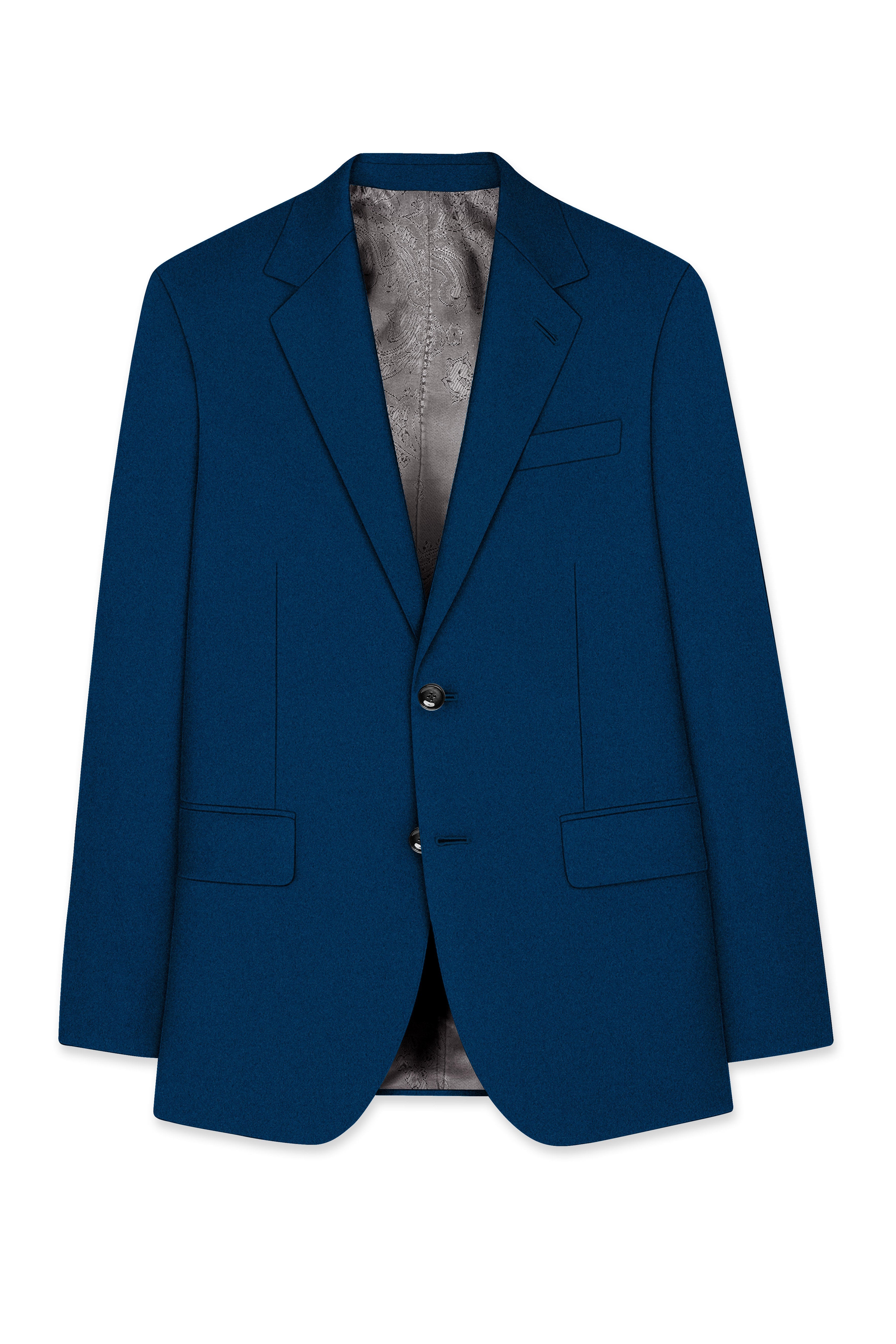 Aureblu-Korean Prussian Blue 4-Way Stretch Wrinkle-Free Wool Rich Single Breasted Blazer