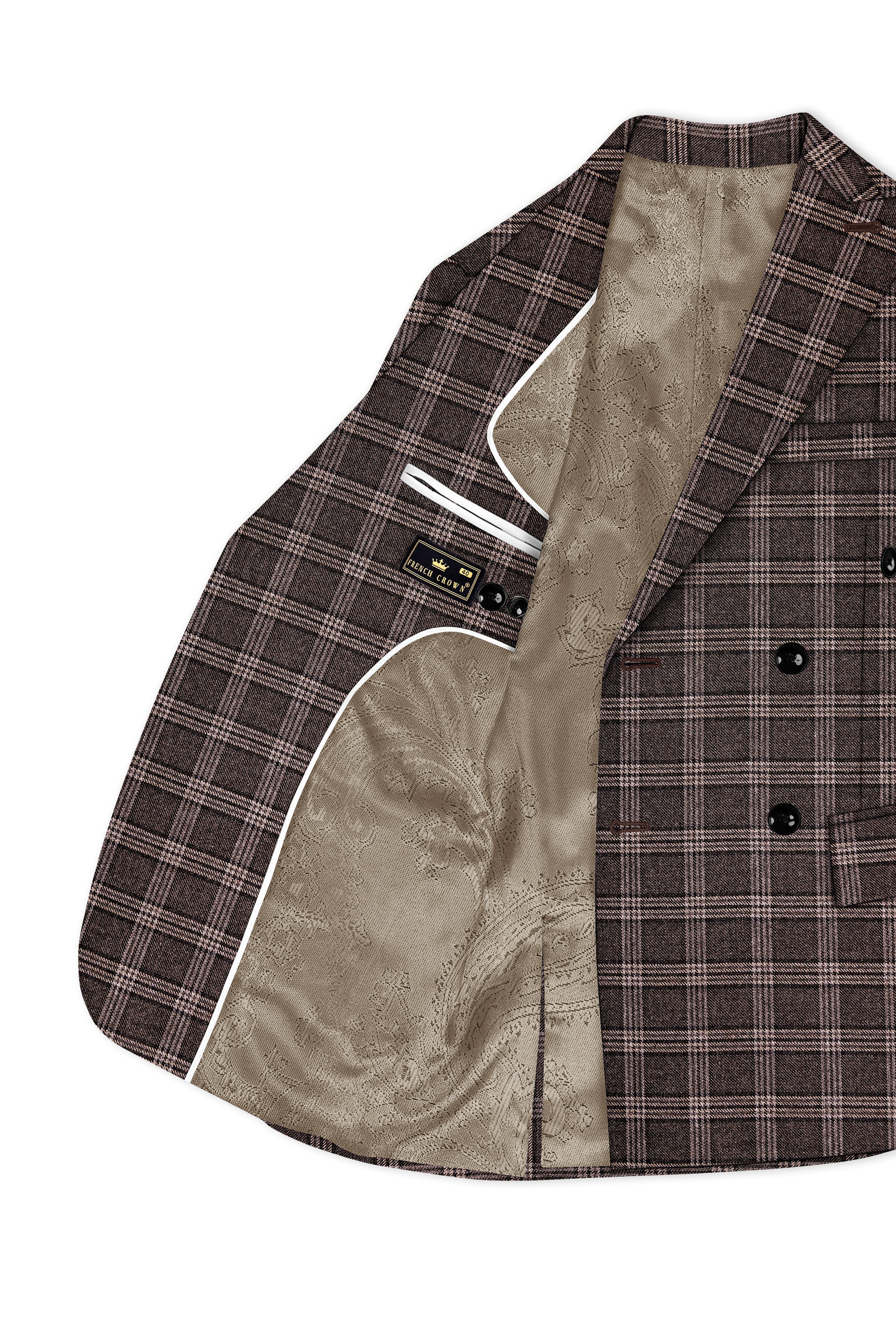 Eclenzo-Eclipse Brown Plaid Tweed Double Breasted Blazer