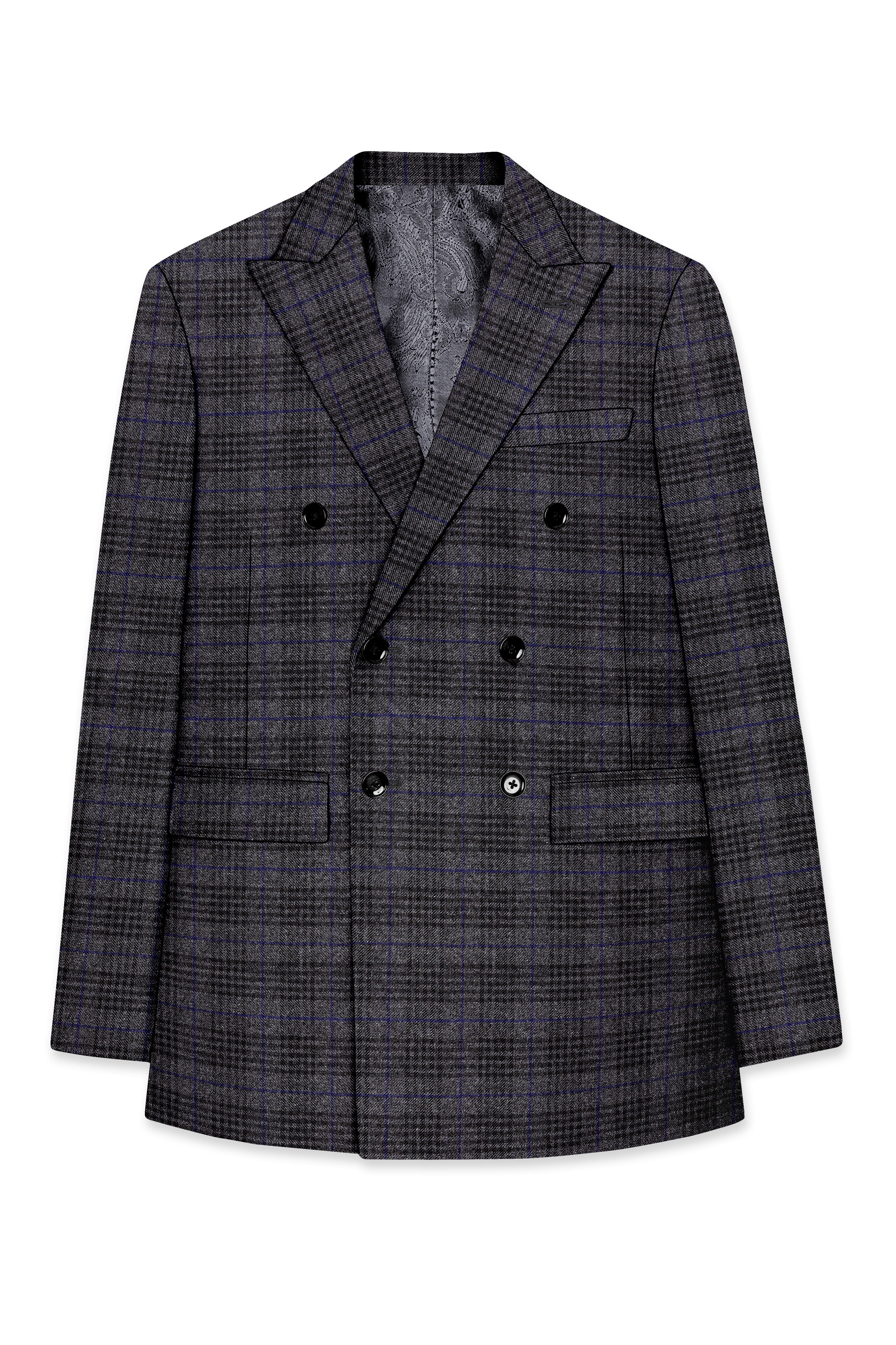 Cinerro-Shark Gray Plaid Tweed Double Breasted Blazer