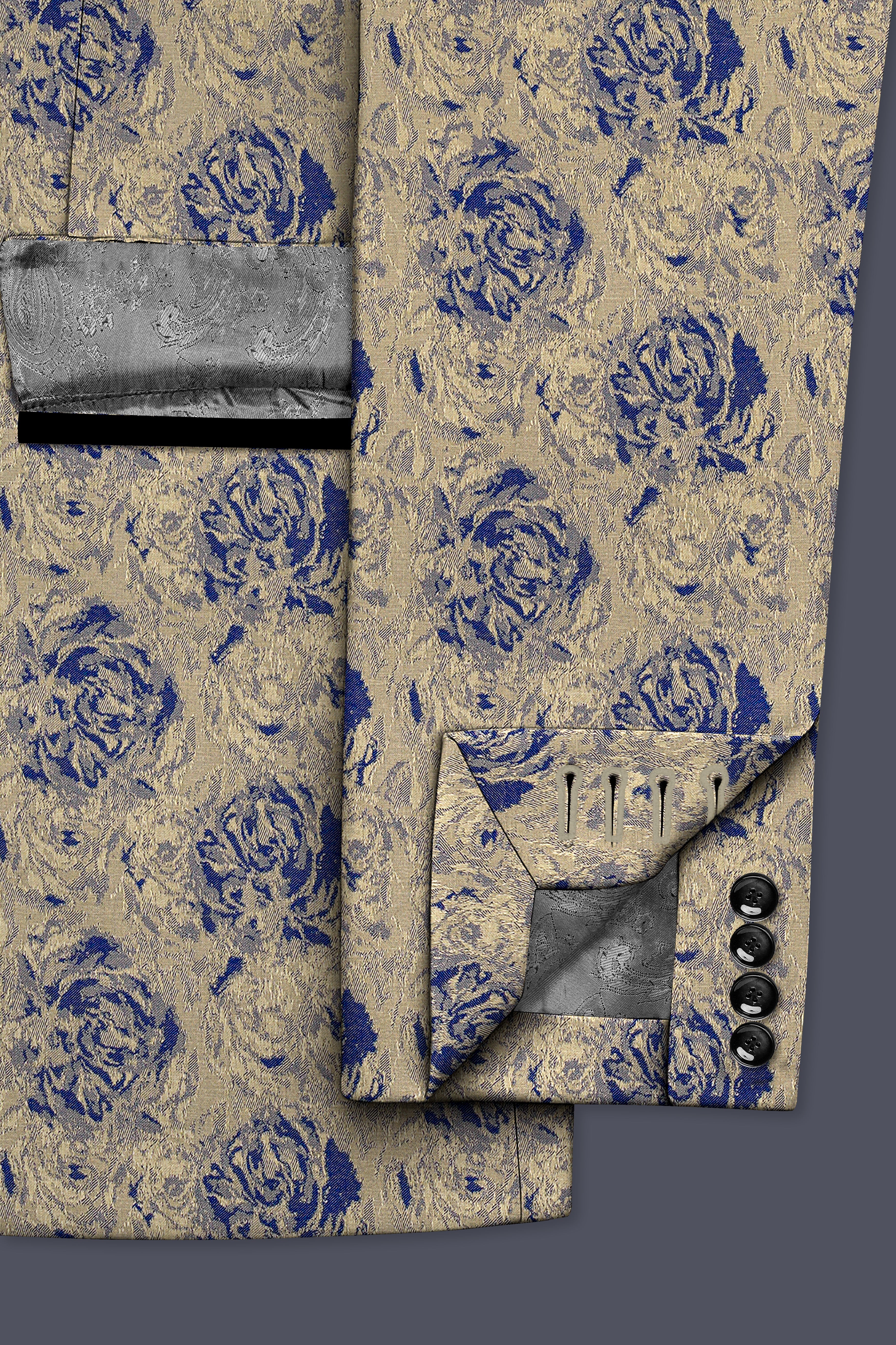 Jacqoro-Gravel Blue and Golden Jacquard Textured Tuxedo Blazer