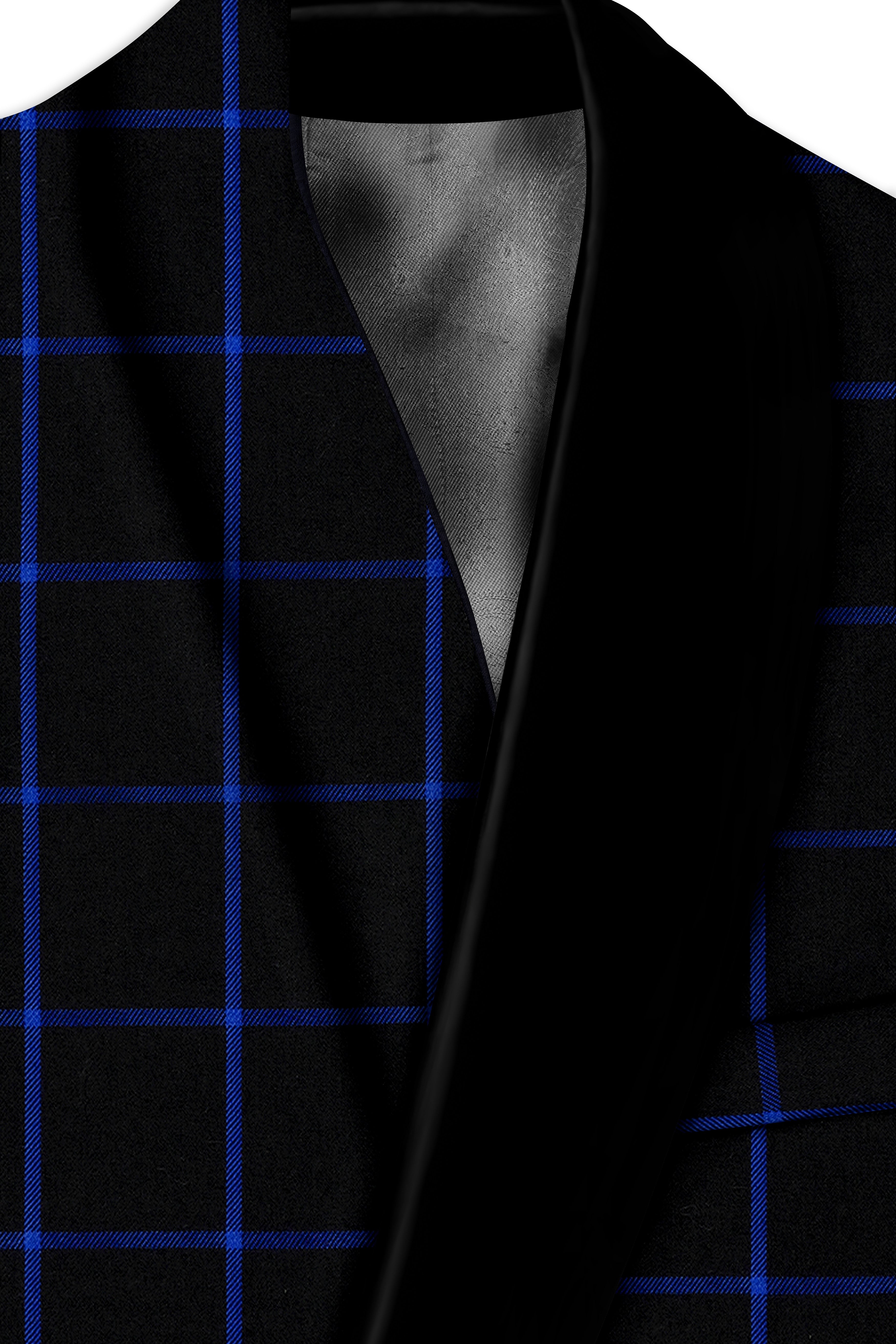 Panevoro-Jade Black With Cerulean Blue Windowpane Wool Rich Tuxedo Blazer