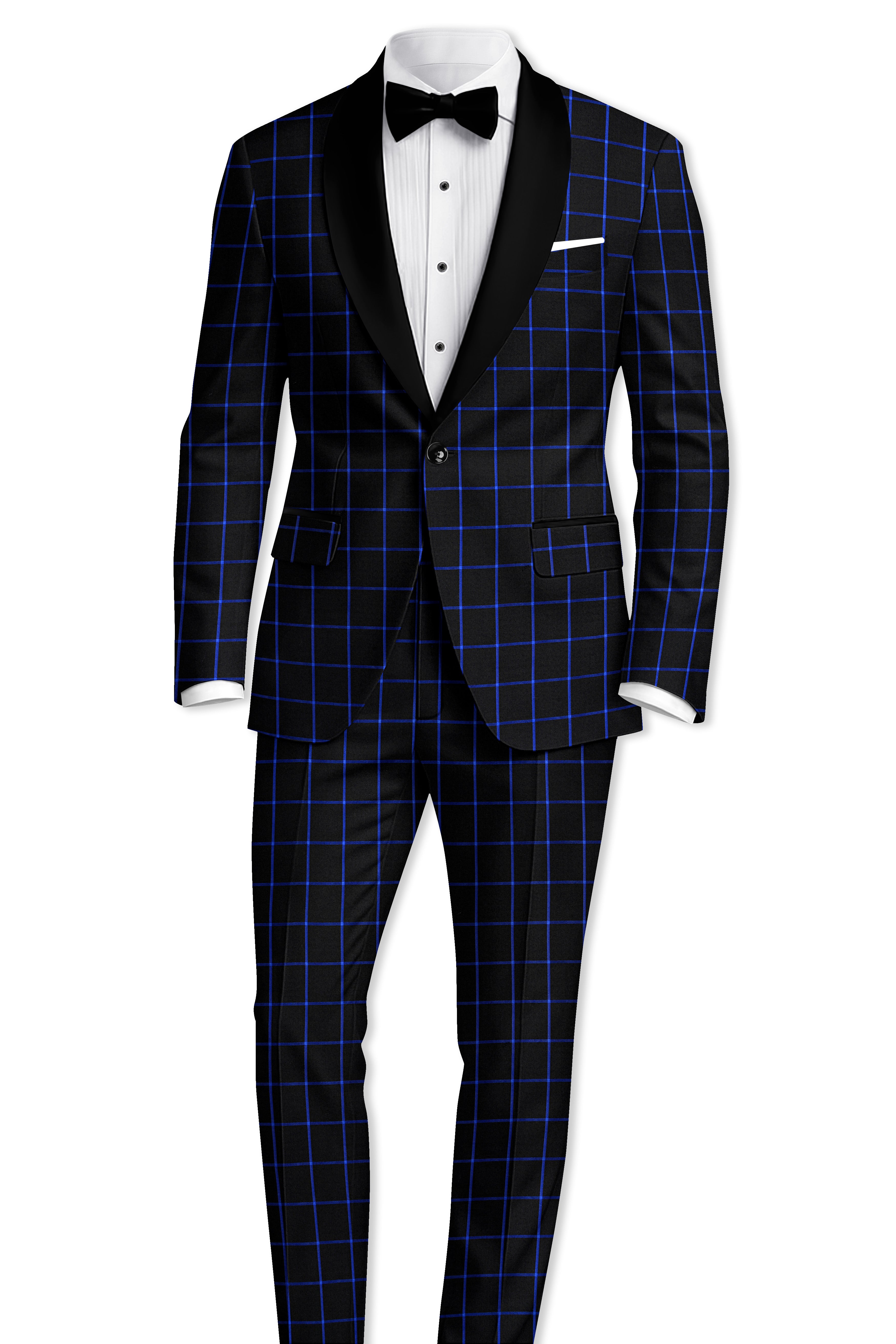 Panevoro-Jade Black With Cerulean Blue Windowpane Wool Rich Tuxedo Blazer