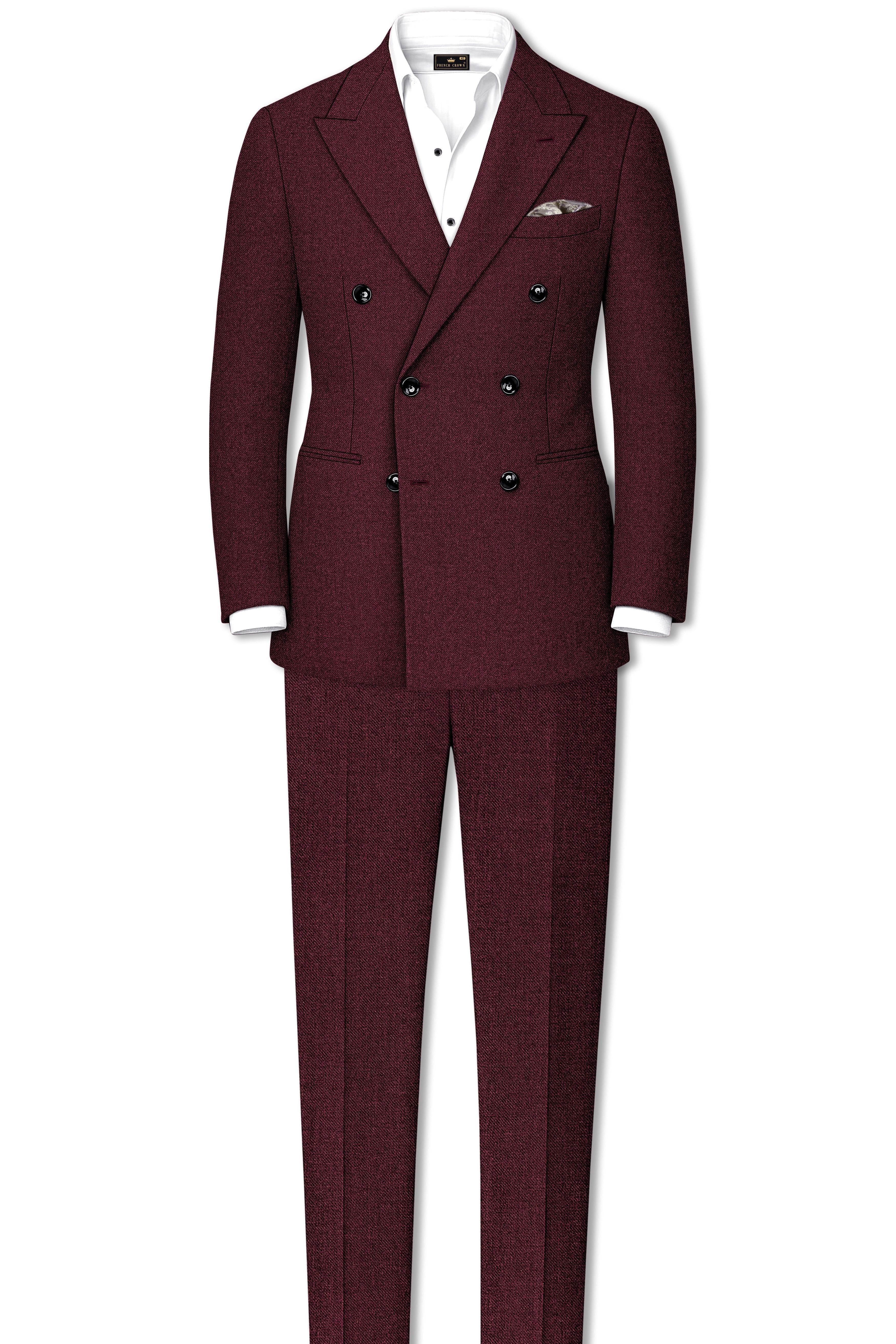 Burgvoro-Crated Maroon Textured Tweed Double Breasted Blazer