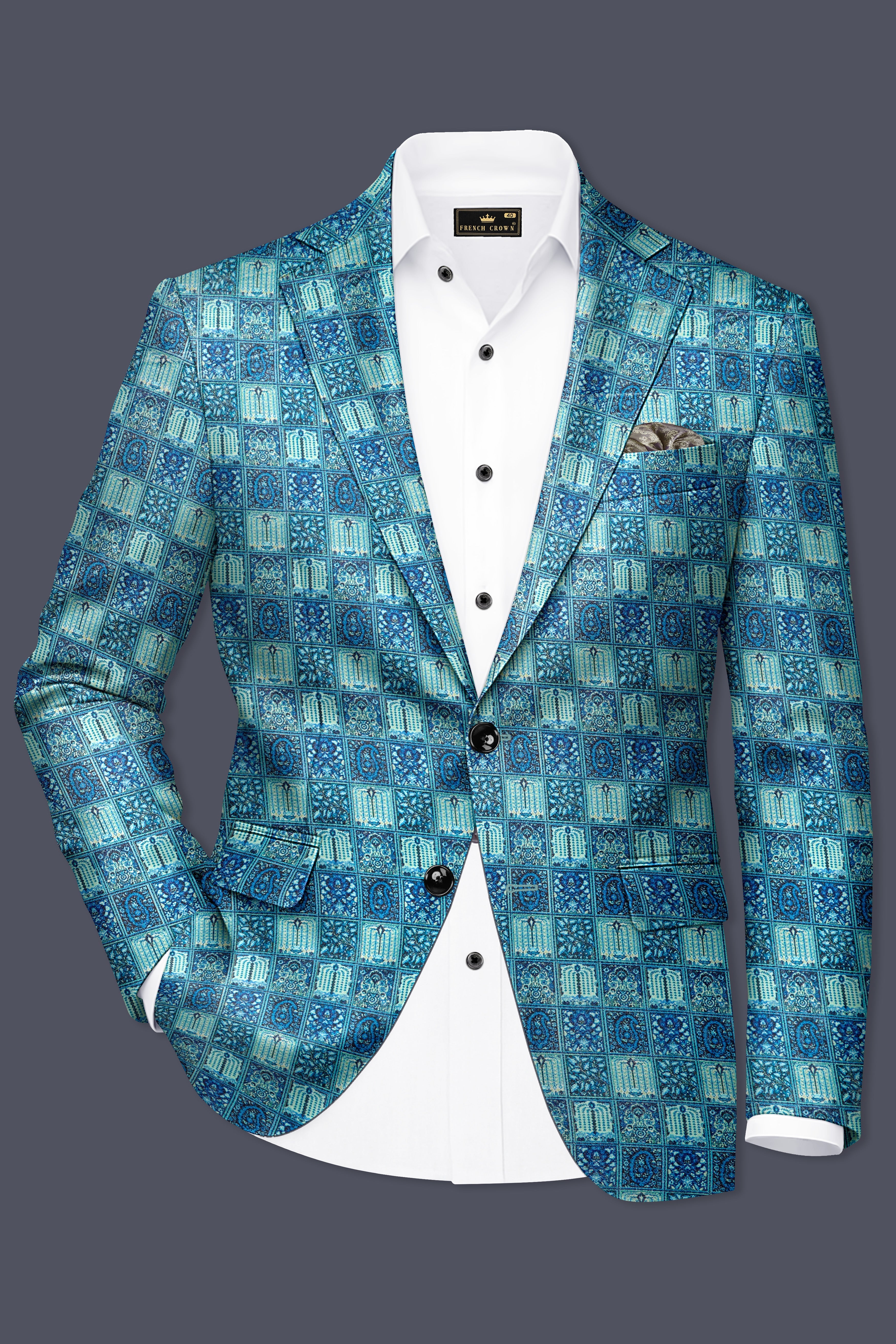 Mosaivoro-Caribbean Blue Geometric Mosaic Printed Velvet Single Breasted Blazer