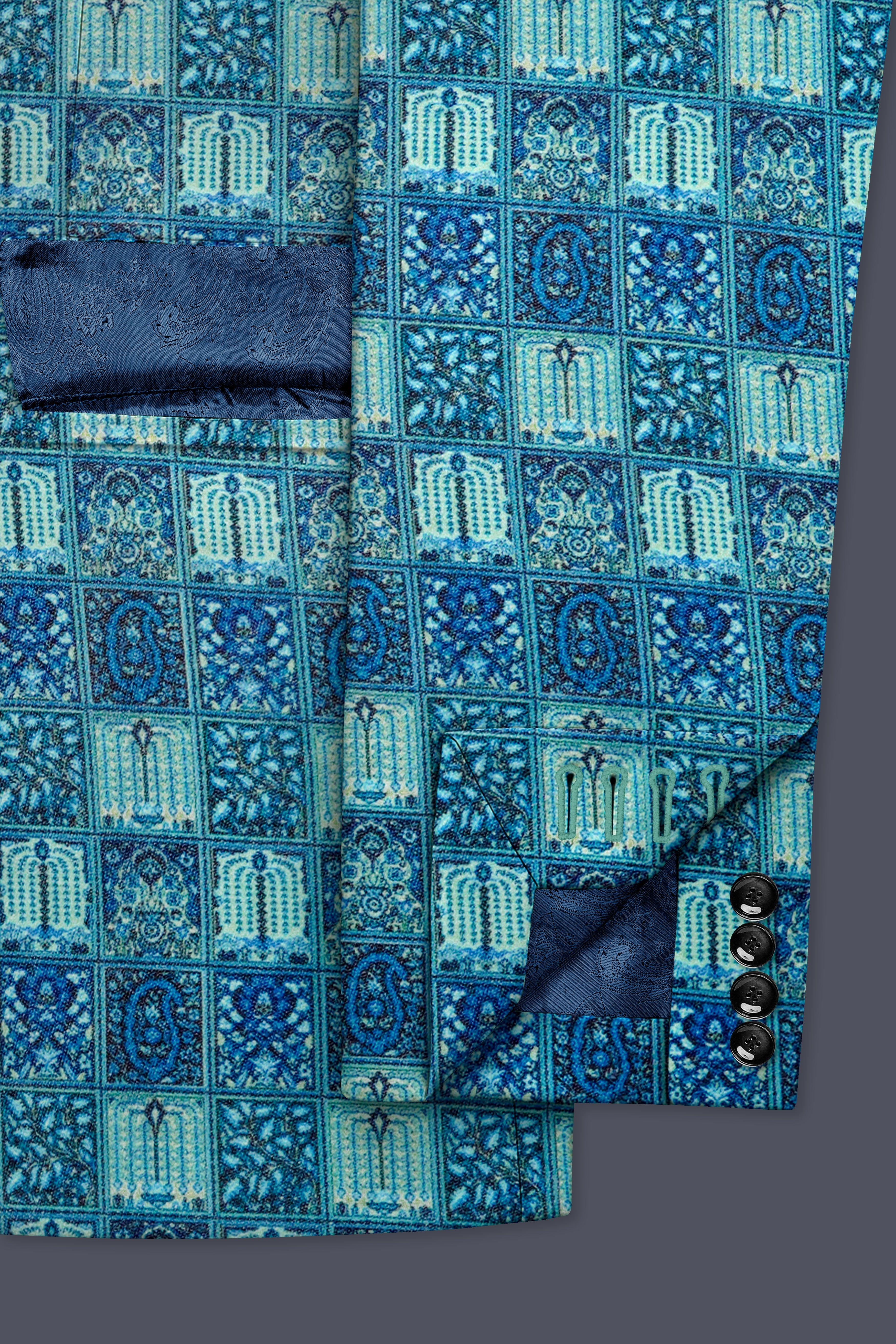 Mosaivoro-Caribbean Blue Geometric Mosaic Printed Velvet Single Breasted Blazer