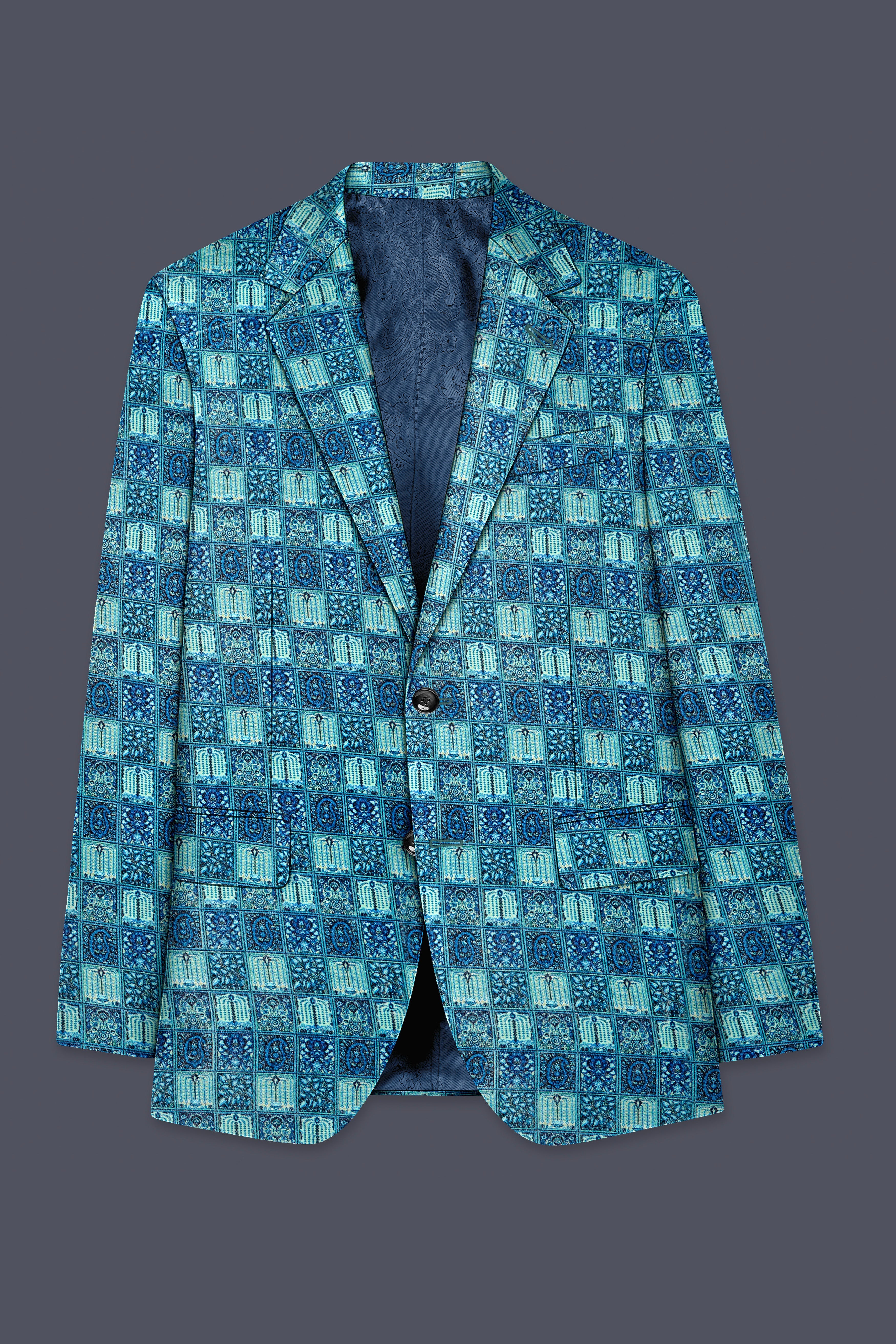 Mosaivoro-Caribbean Blue Geometric Mosaic Printed Velvet Single Breasted Blazer