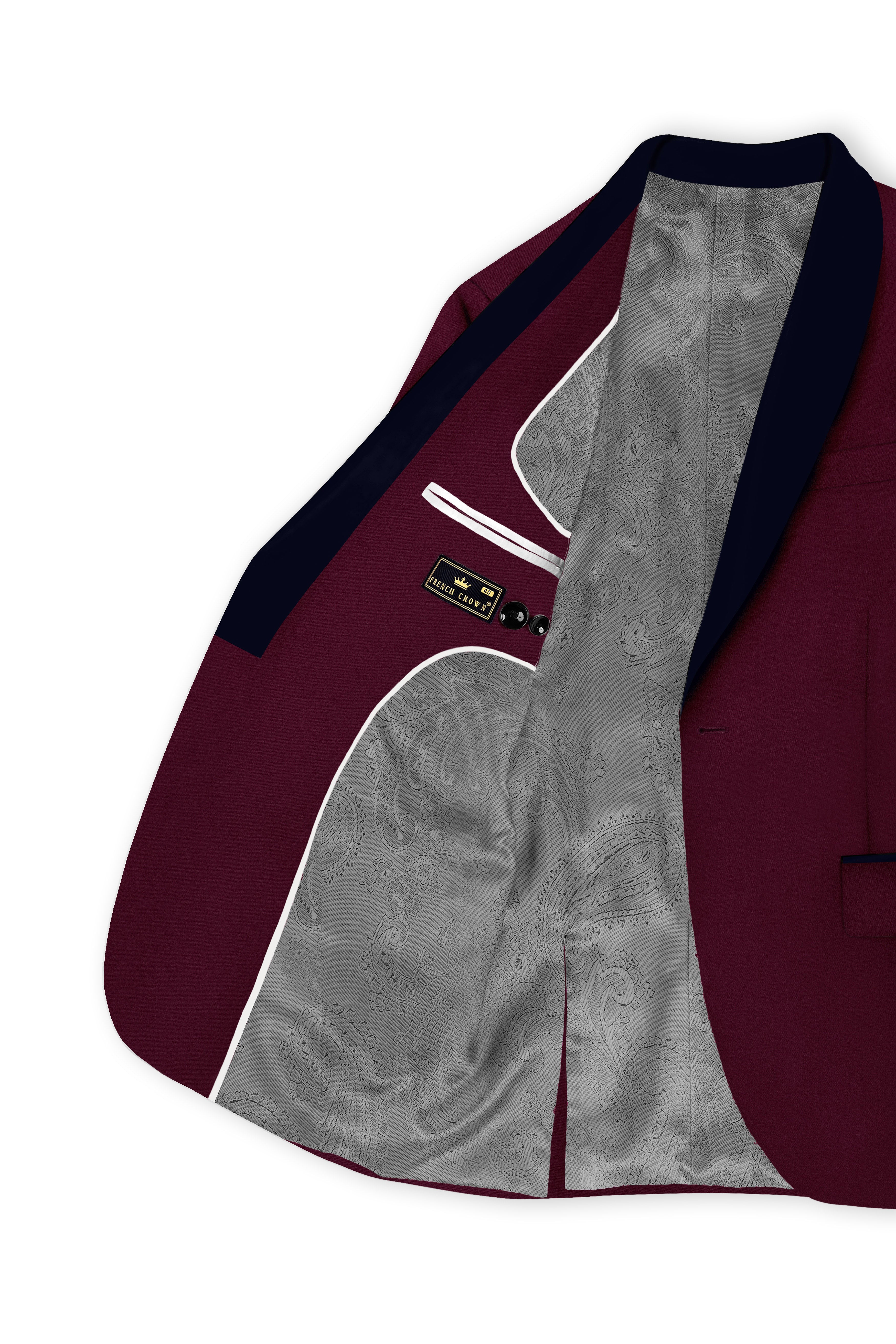Regal Maroon-Tamarind With Blue Lepal Solid Wool Rich Tuxedo Blazer
