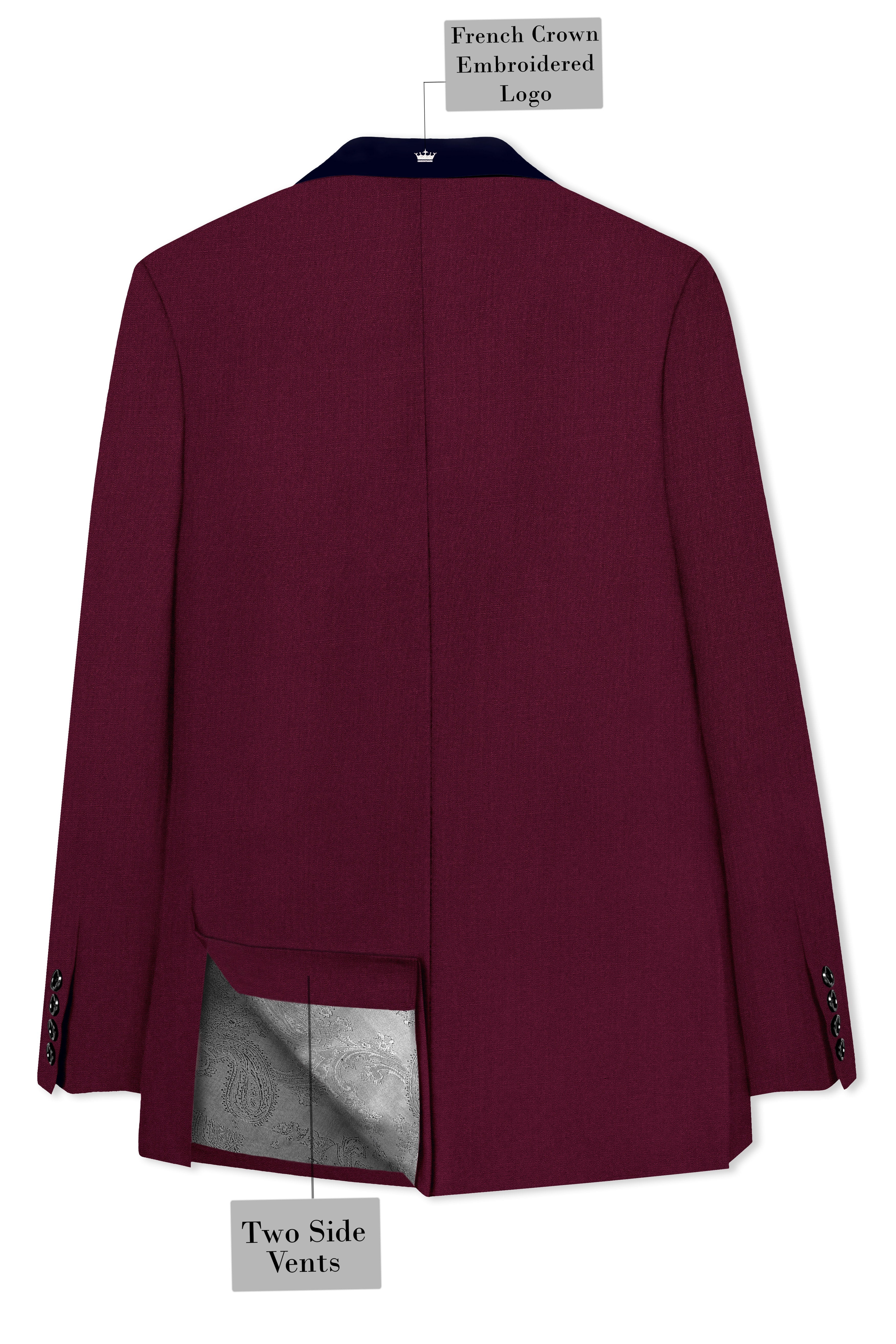 Regal Maroon-Tamarind With Blue Lepal Solid Wool Rich Tuxedo Blazer