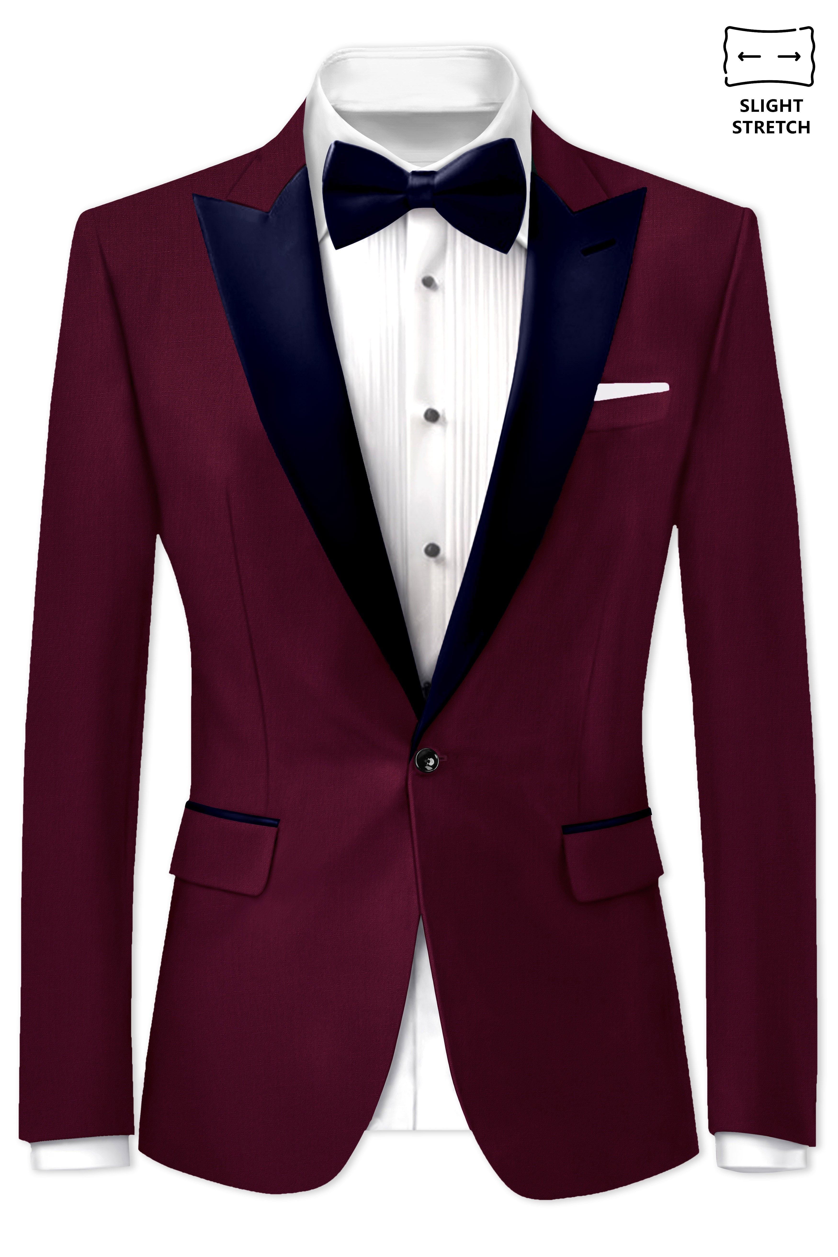 Regal Maroon-Tamarind With Blue Peak Lepal Solid Wool Rich Tuxedo Blazer