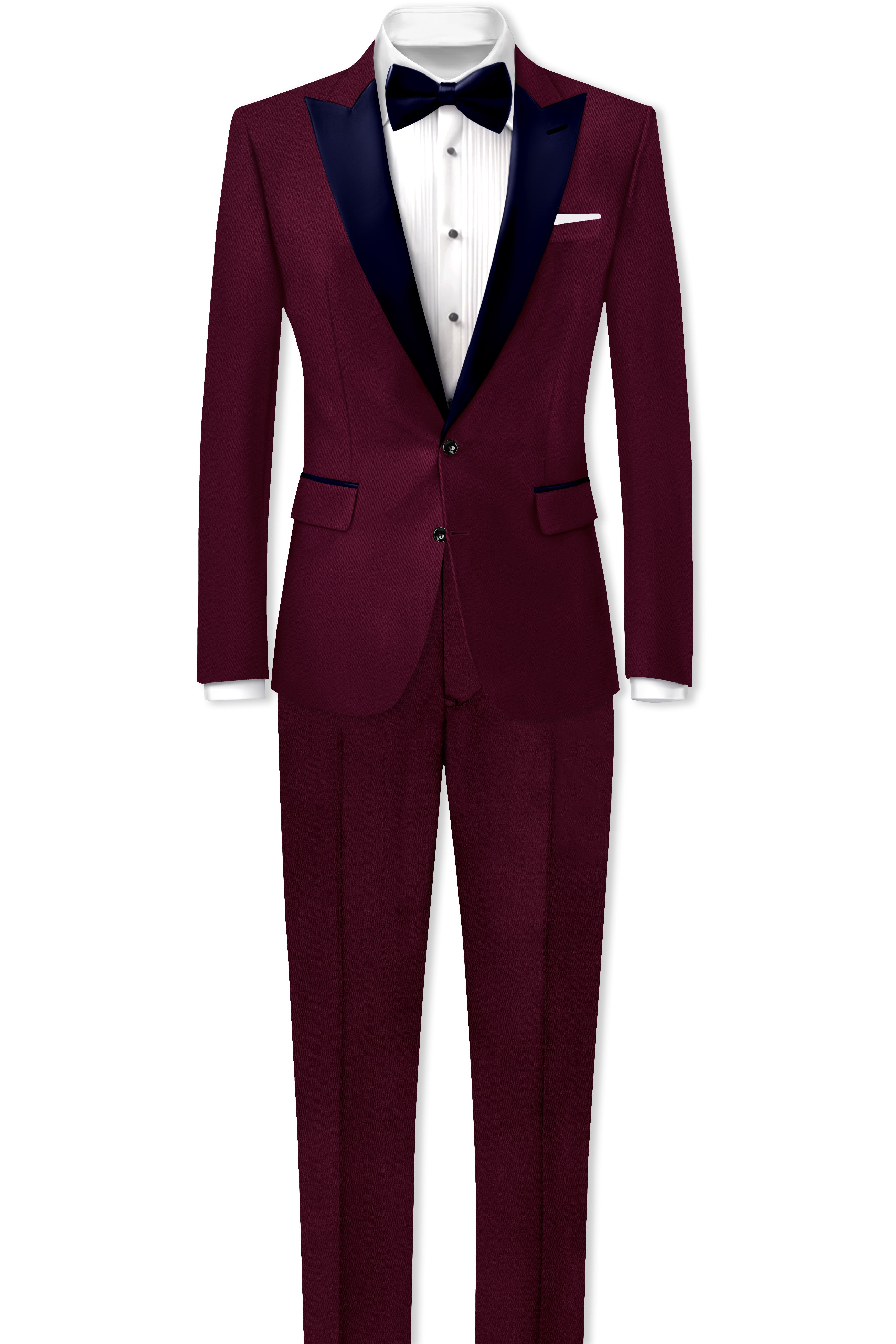 Regal Maroon-Tamarind With Blue Lepal Solid Wool Rich Peak Lapel Tuxedo Blazer