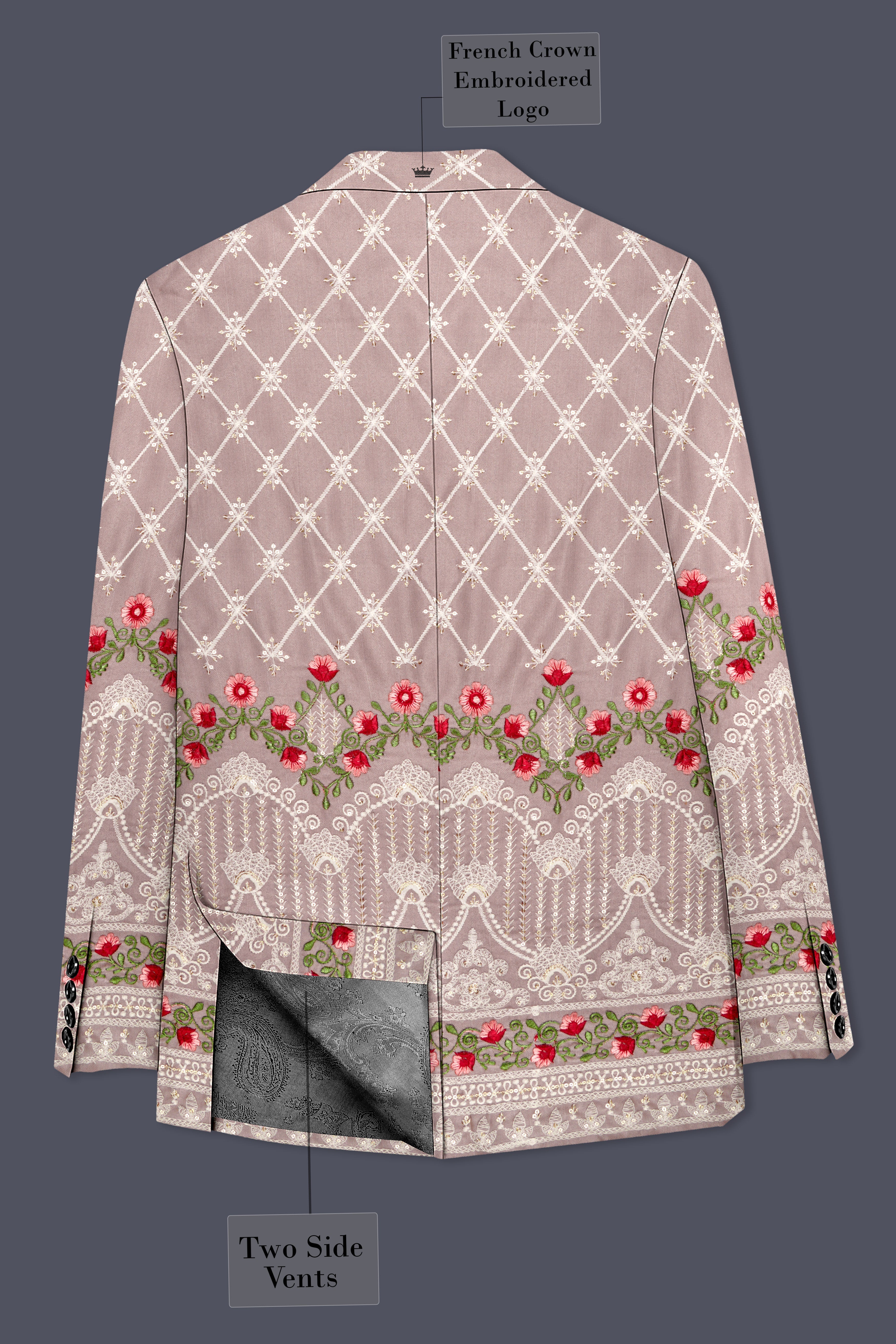 Luminza-Martini Cream Merlot Red Multicolour Thread and Sequin Embroidered Designer Peak Lapel Tuxedo Blazer