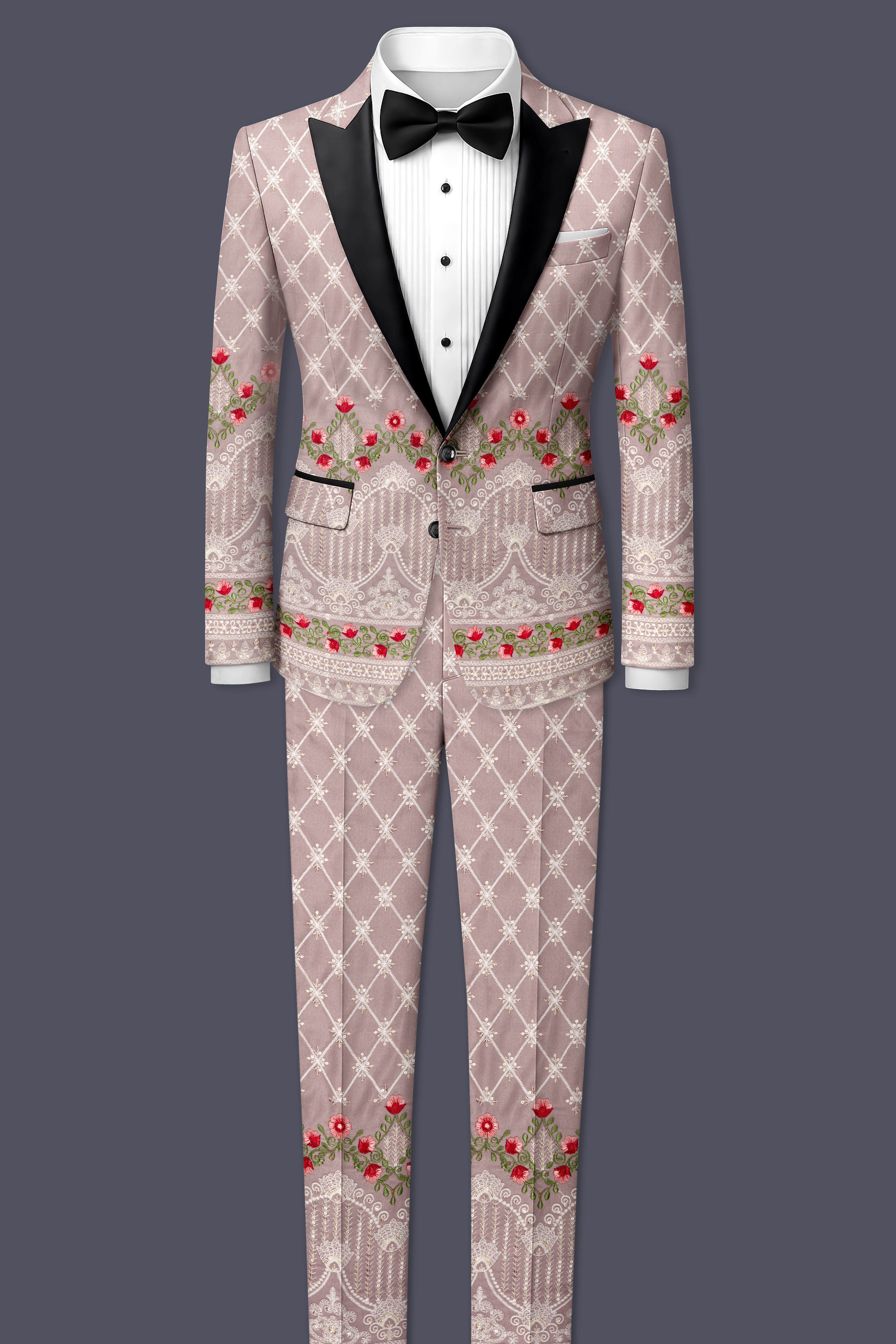 Luminza-Martini Cream Merlot Red Multicolour Thread and Sequin Embroidered Designer Peak Lapel Tuxedo Blazer