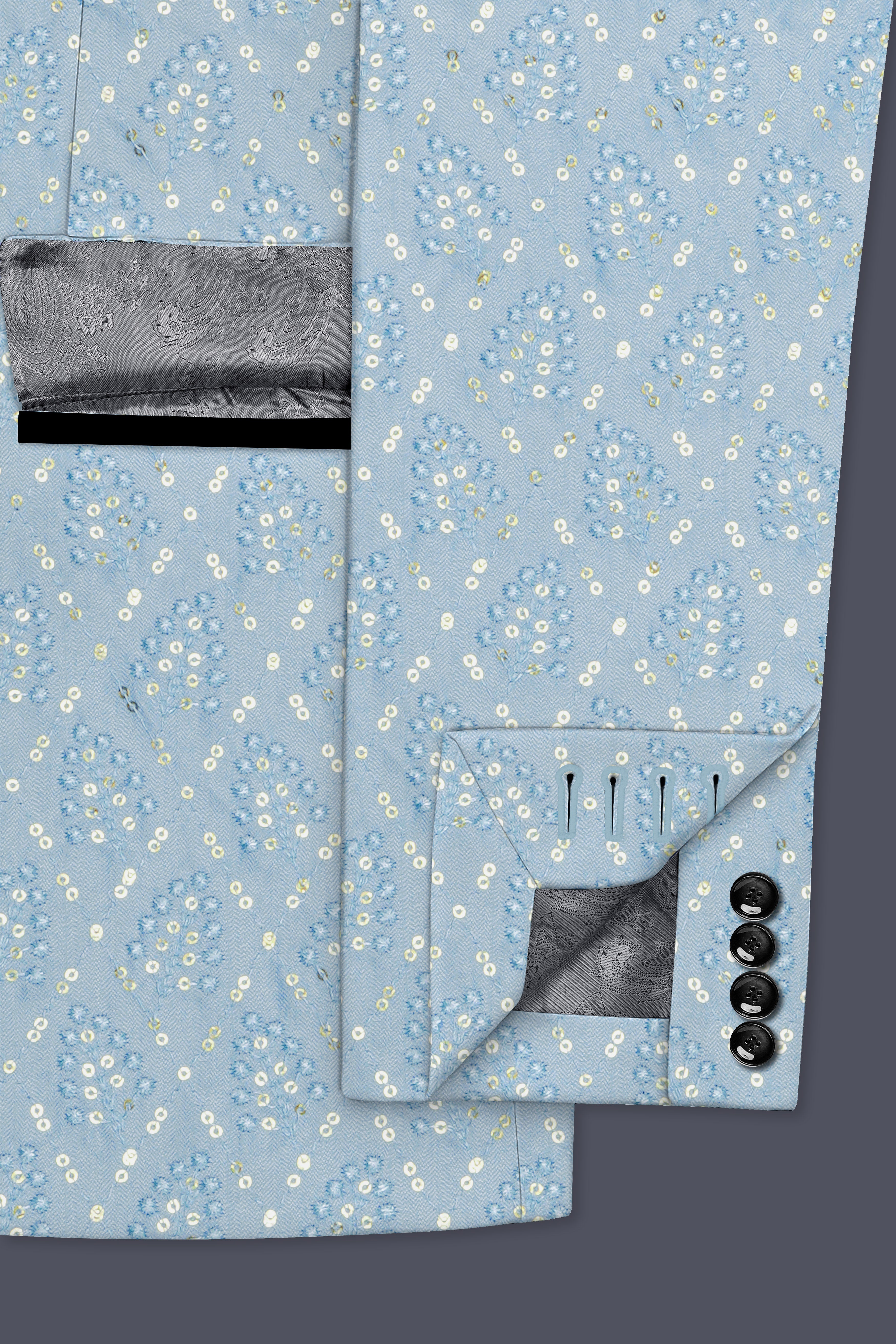 Azurora-Carolina Blue Thread and Sequin Embroidered Designer Peak Lapel Tuxedo Blazer