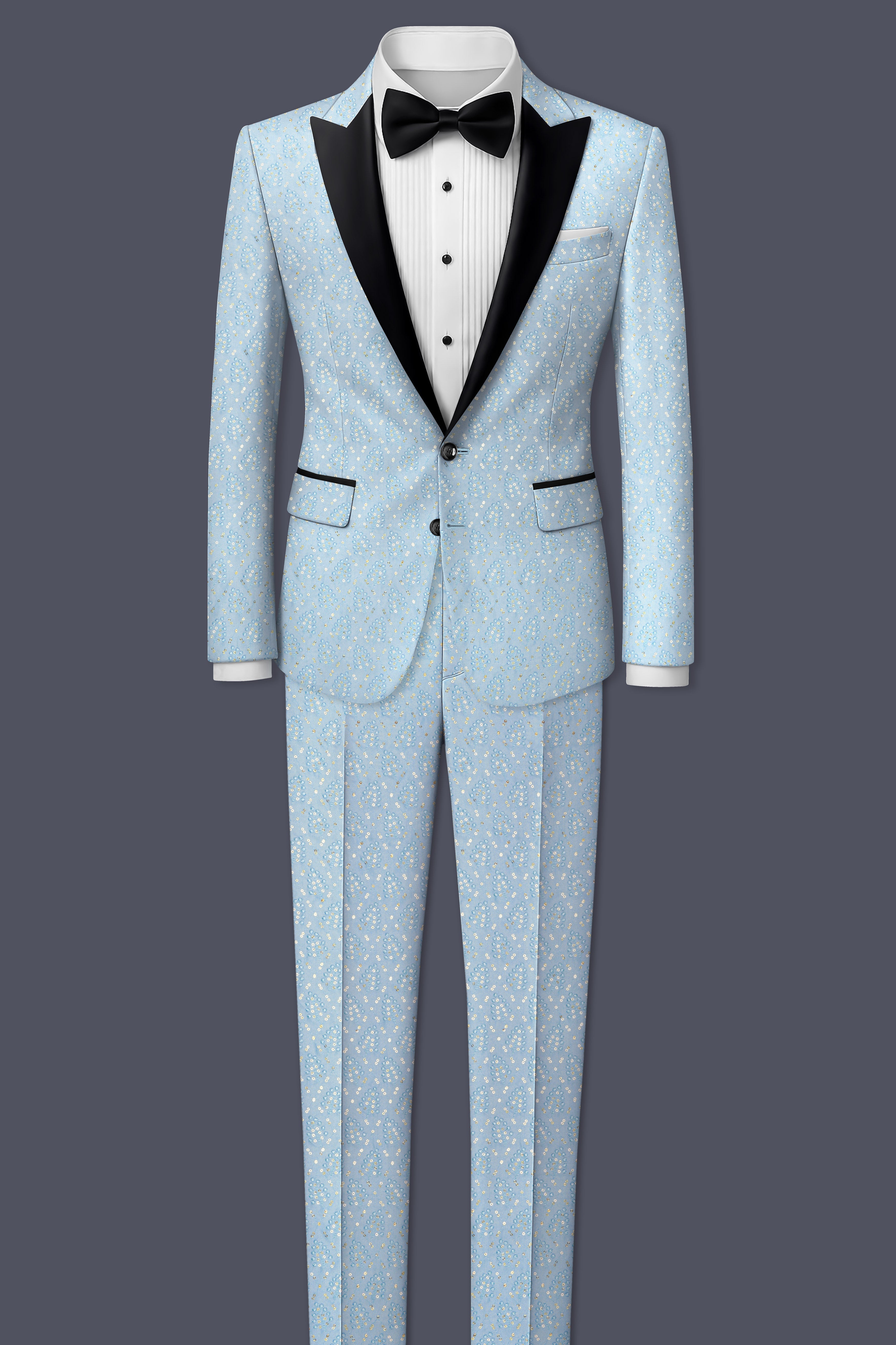 Azurora-Carolina Blue Thread and Sequin Embroidered Designer Peak Lapel Tuxedo Blazer