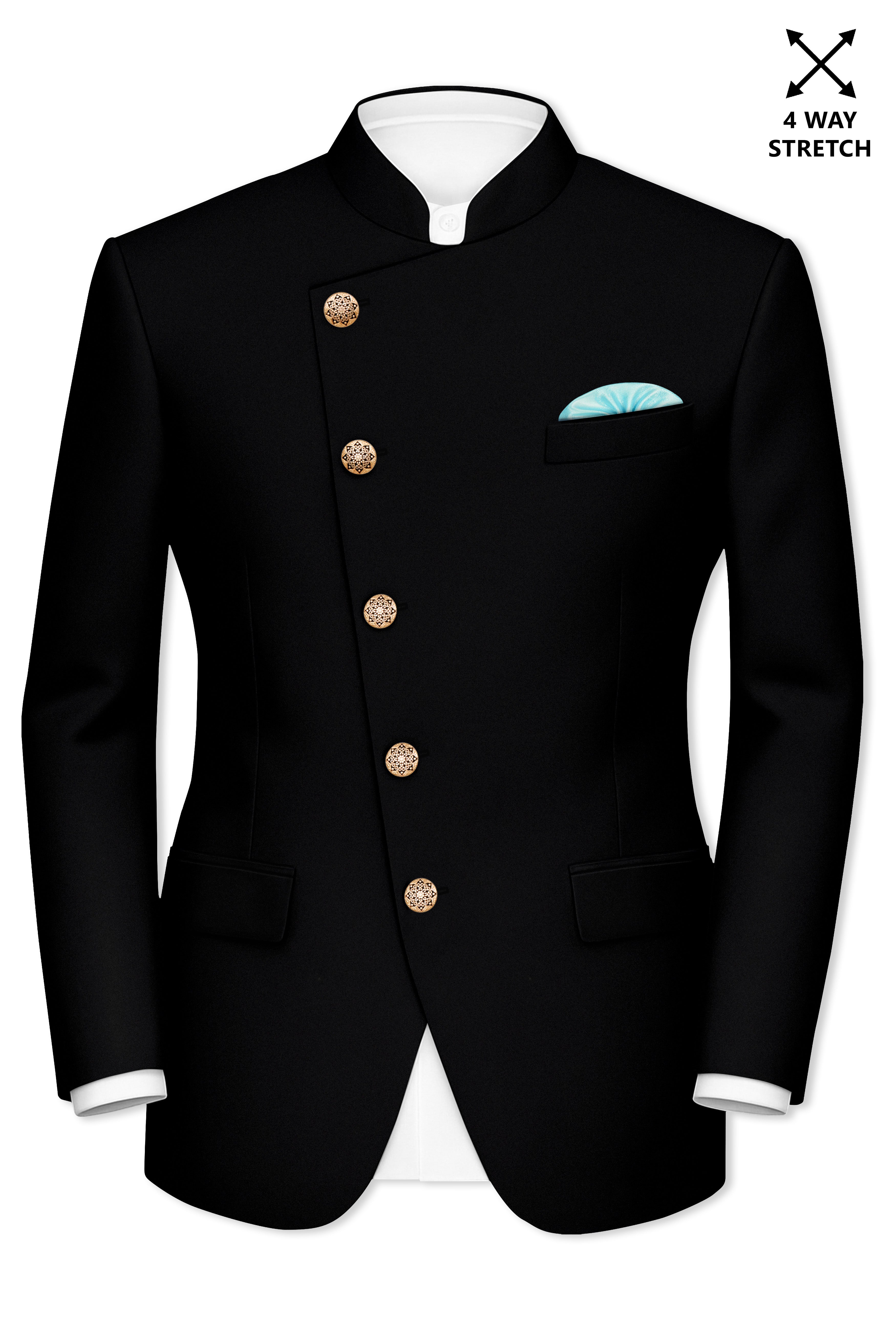Kuro-Japanese Jade Black 4-Way Stretch Wrinkle-Free Wool Rich Cross Placket Bandhgala Blazer
