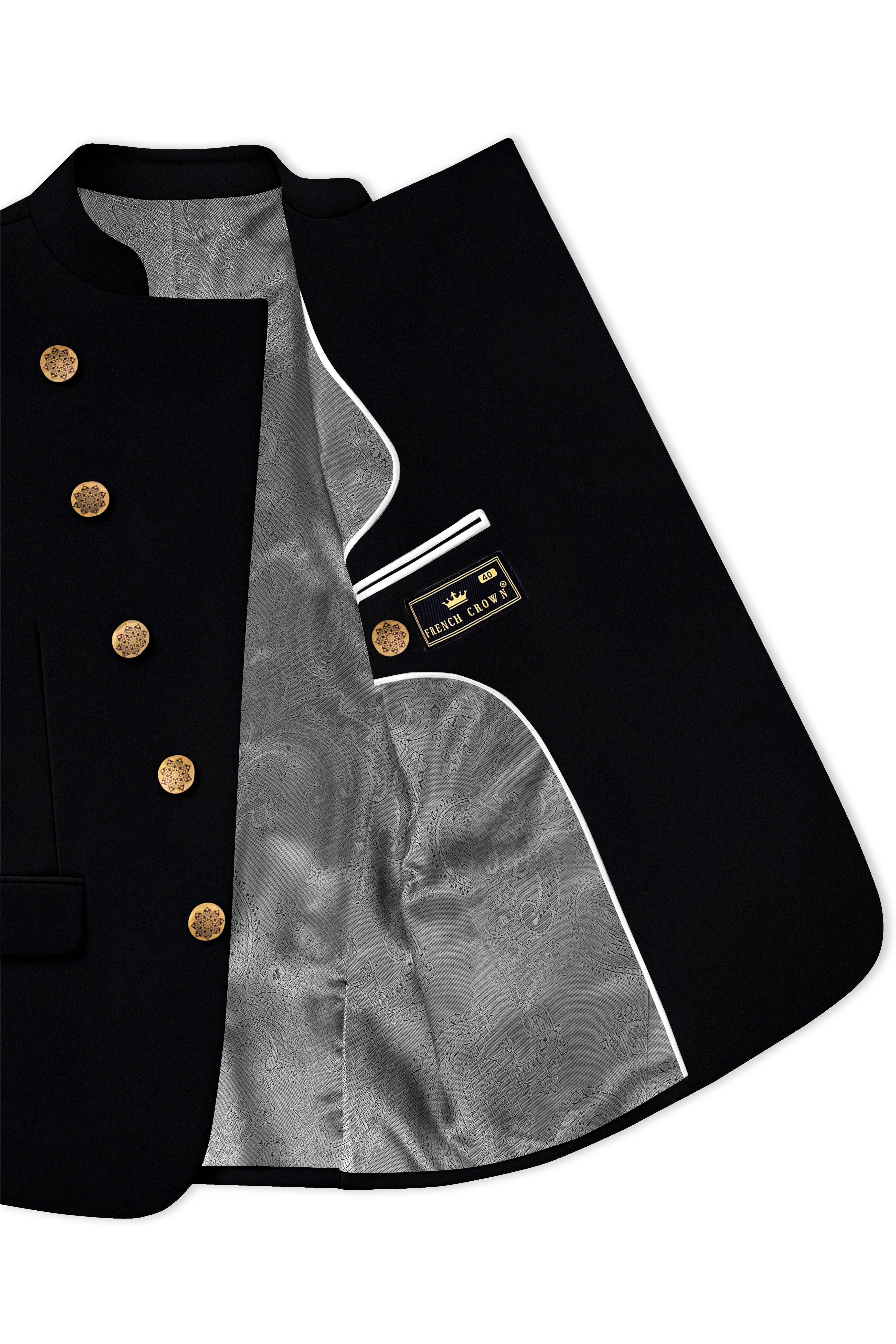 Kuro-Japanese Jade Black 4-Way Stretch Wrinkle-Free Wool Rich Cross Placket Bandhgala Blazer