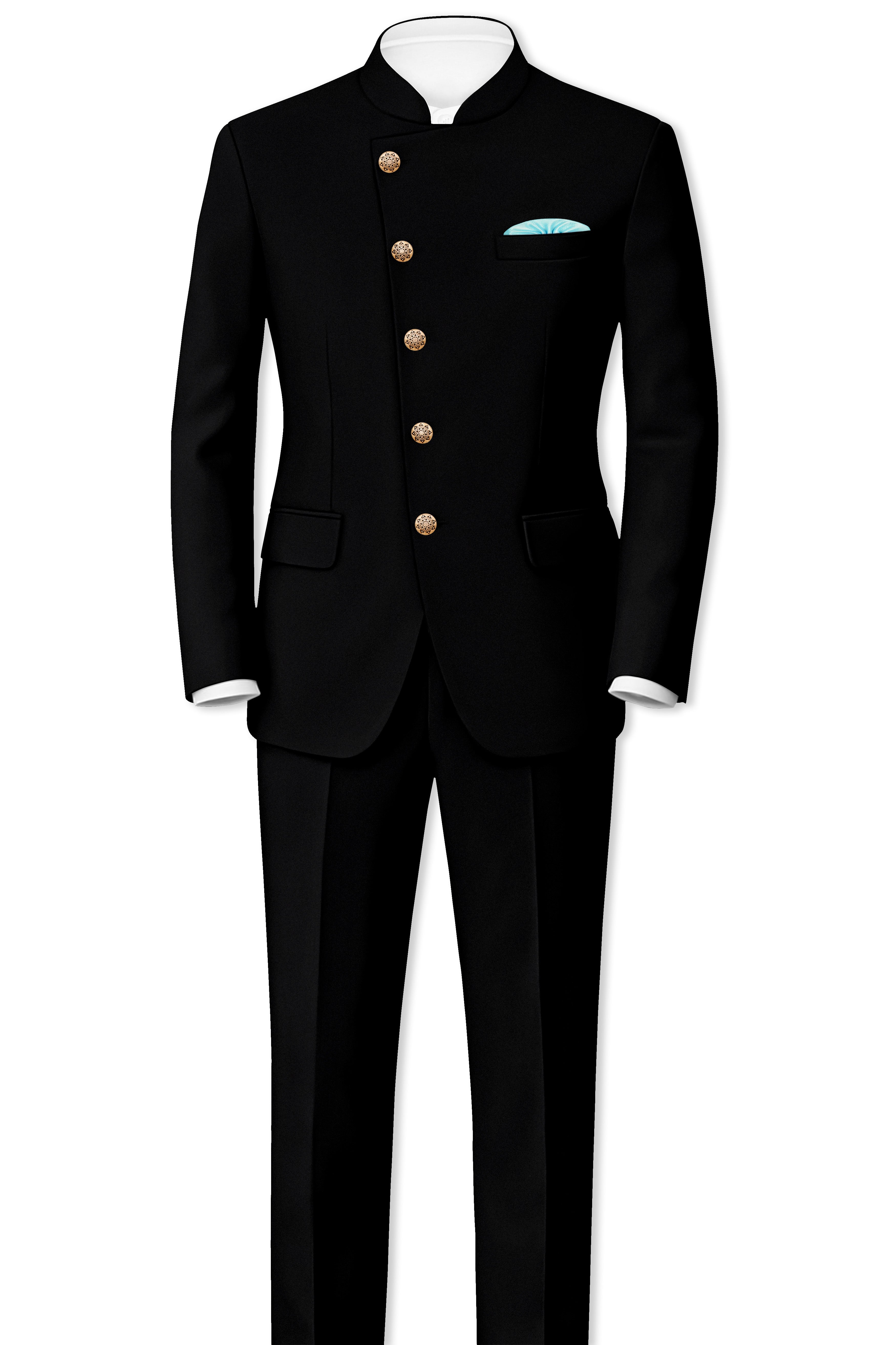 Kuro-Japanese Black 4-Way Stretch Wrinkle-Free Fluid Drape Fabric Cross Placket Bandhgala Blazer