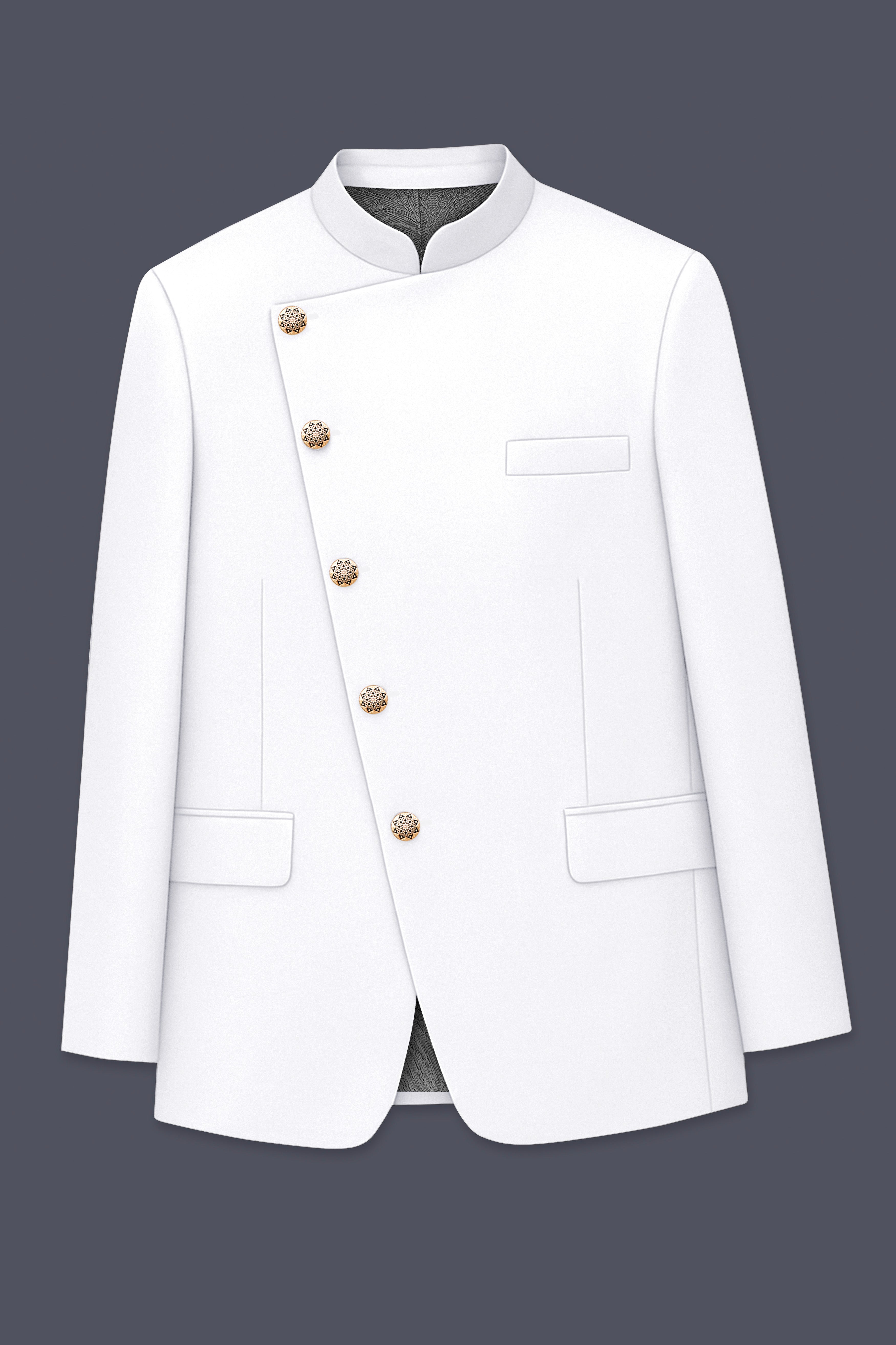 Shiro-Japanese Bright White 4-Way Stretch Wrinkle-Free Wool Rich Cross Placket Bandhgala Blazer