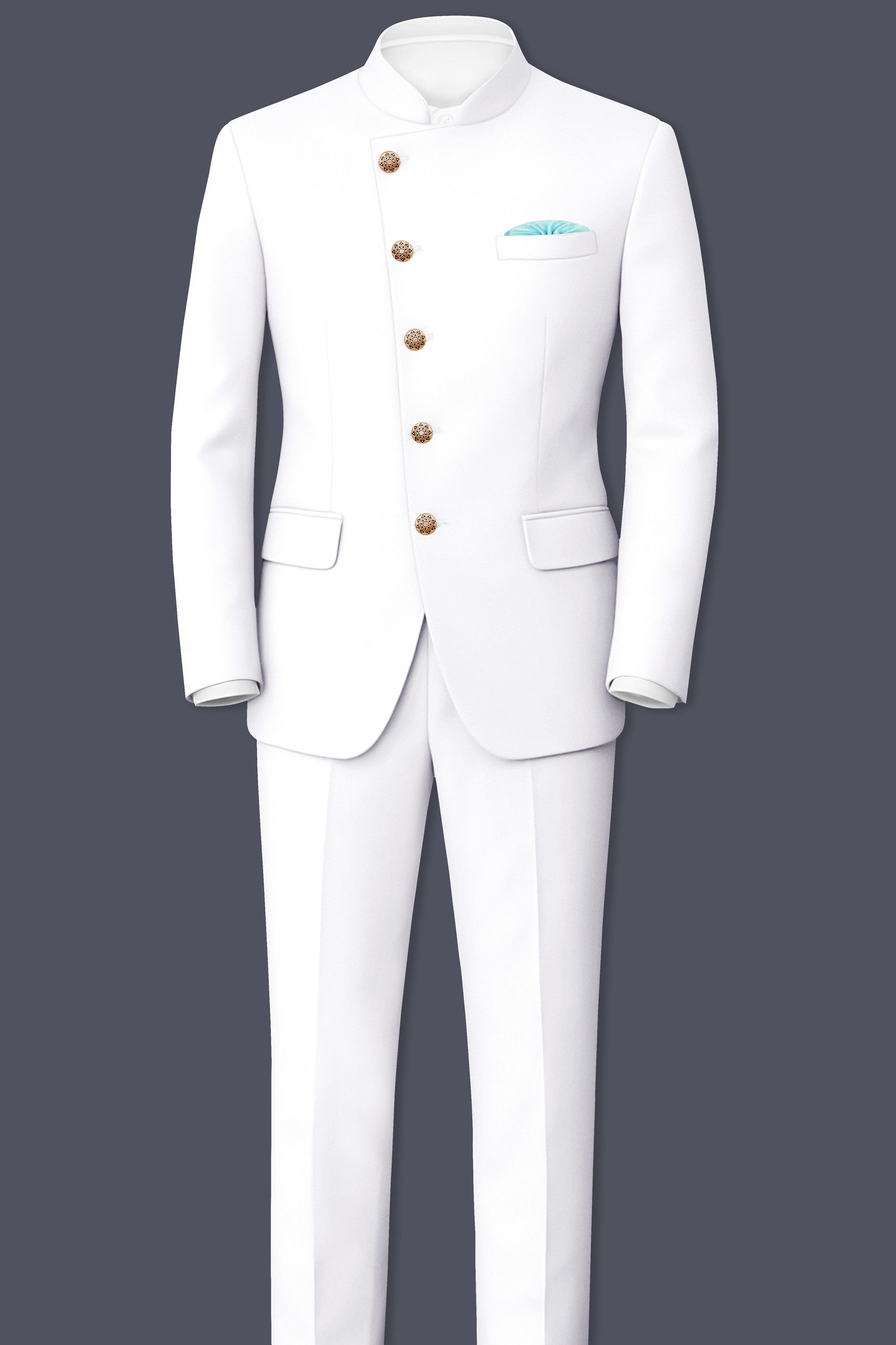 Shiro-Japanese Bright White 4-Way Stretch Wrinkle-Free Wool Rich Cross Placket Bandhgala Blazer