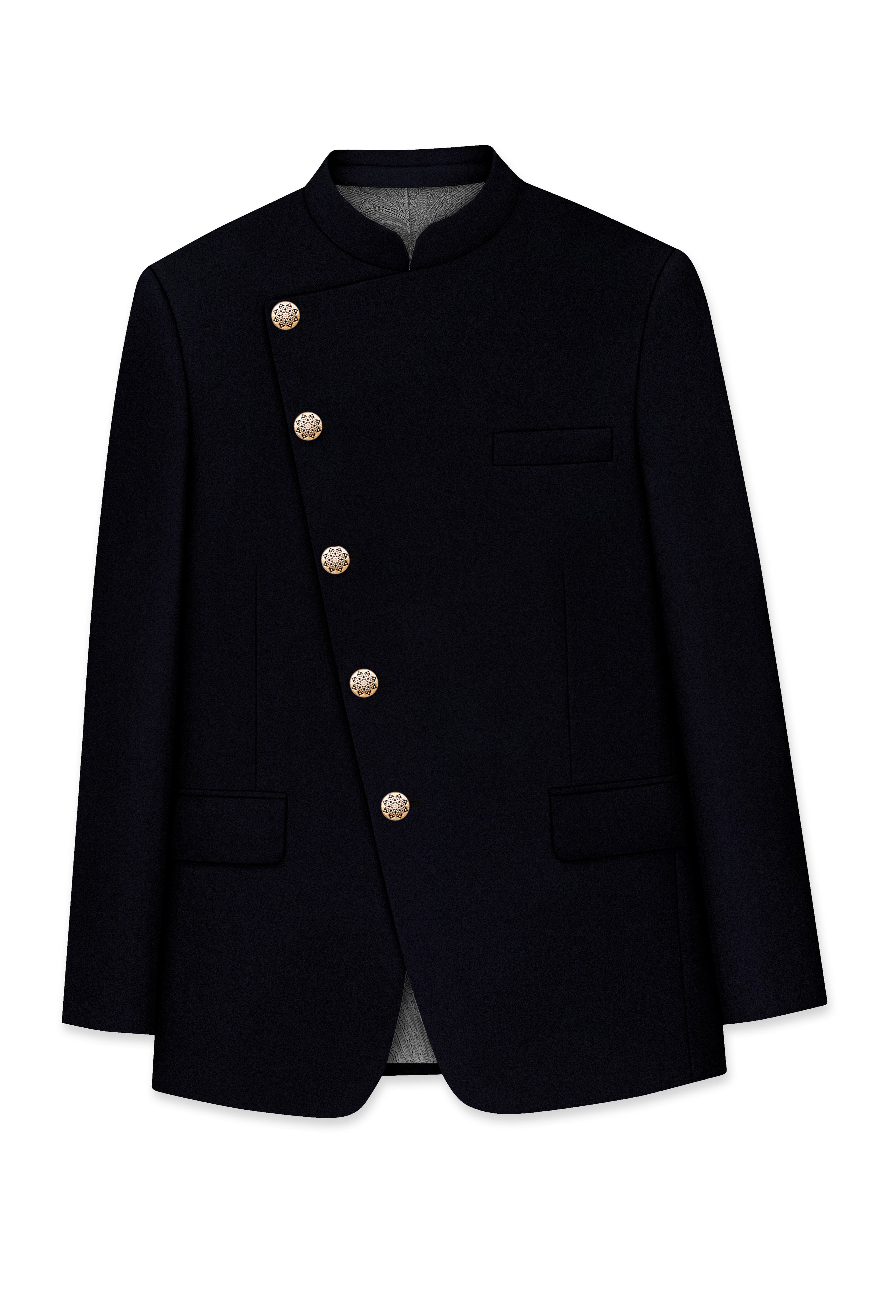 Aozora-Japanese Marine Blue 4-Way Stretch Wrinkle-Free Wool Rich Cross Placket Bandhgala Blazer