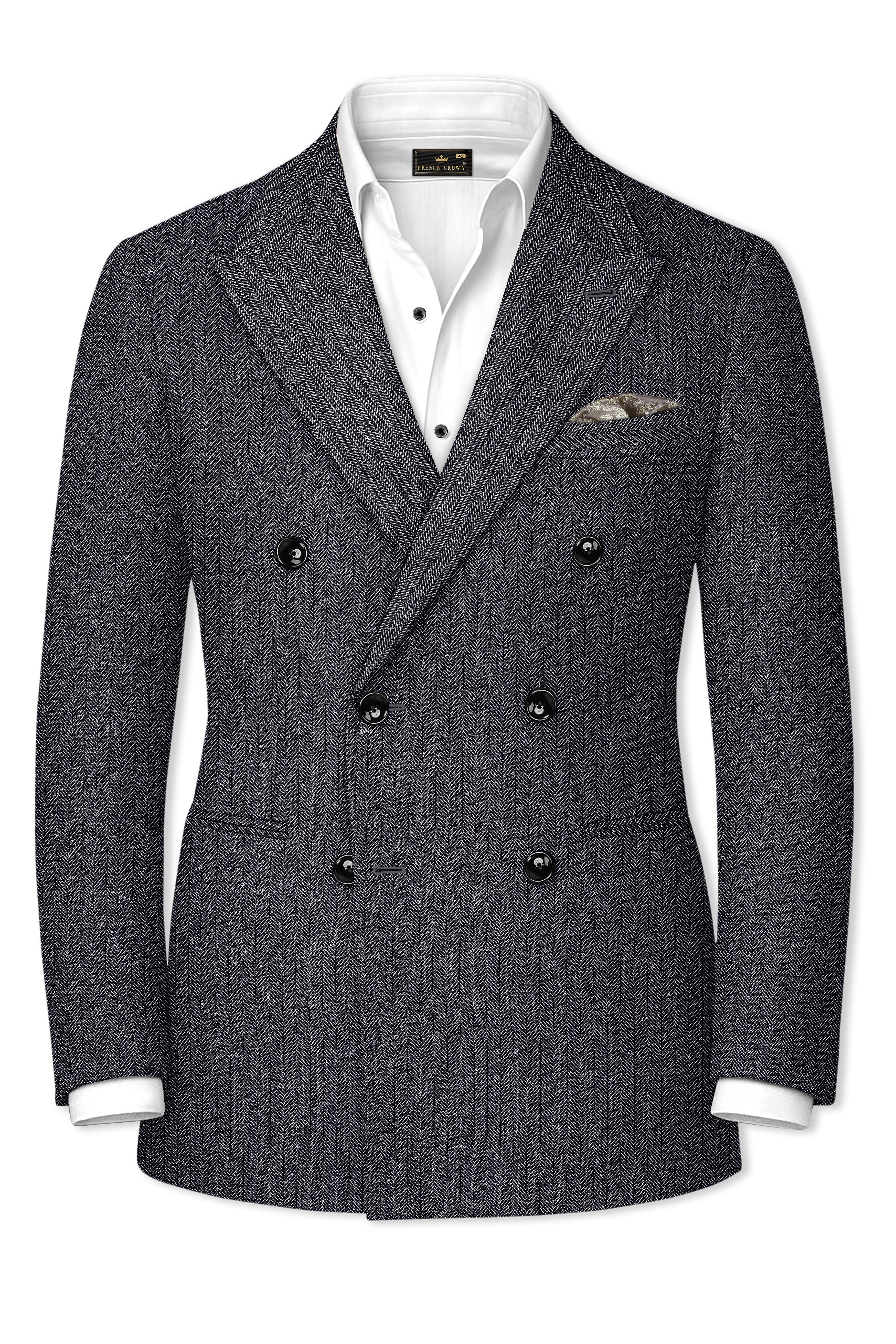 Silvoro-Iridium Gray Herringbone Textured Tweed Double Breasted Blazer