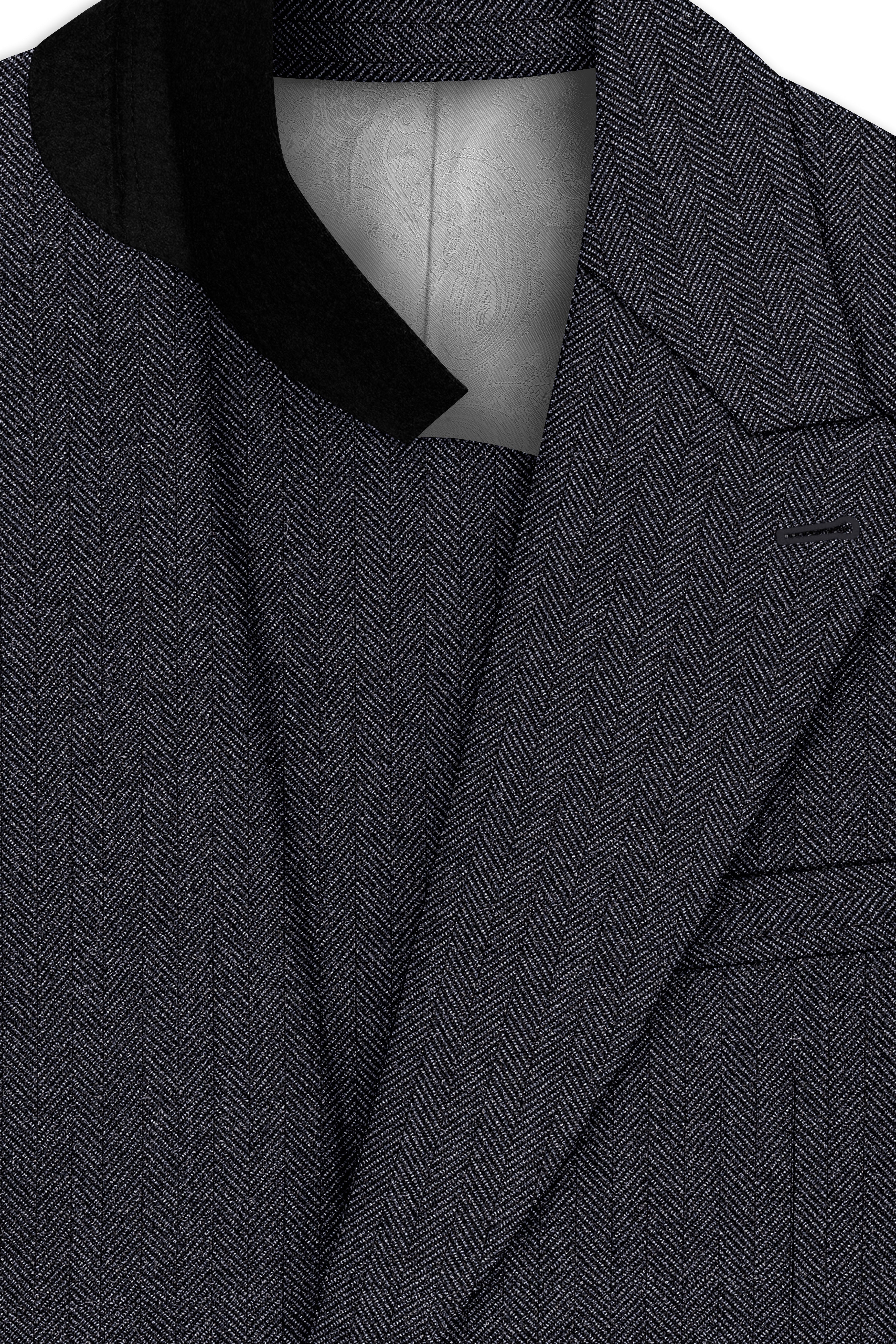 Silvoro-Iridium Gray Herringbone Textured Tweed Double Breasted Blazer