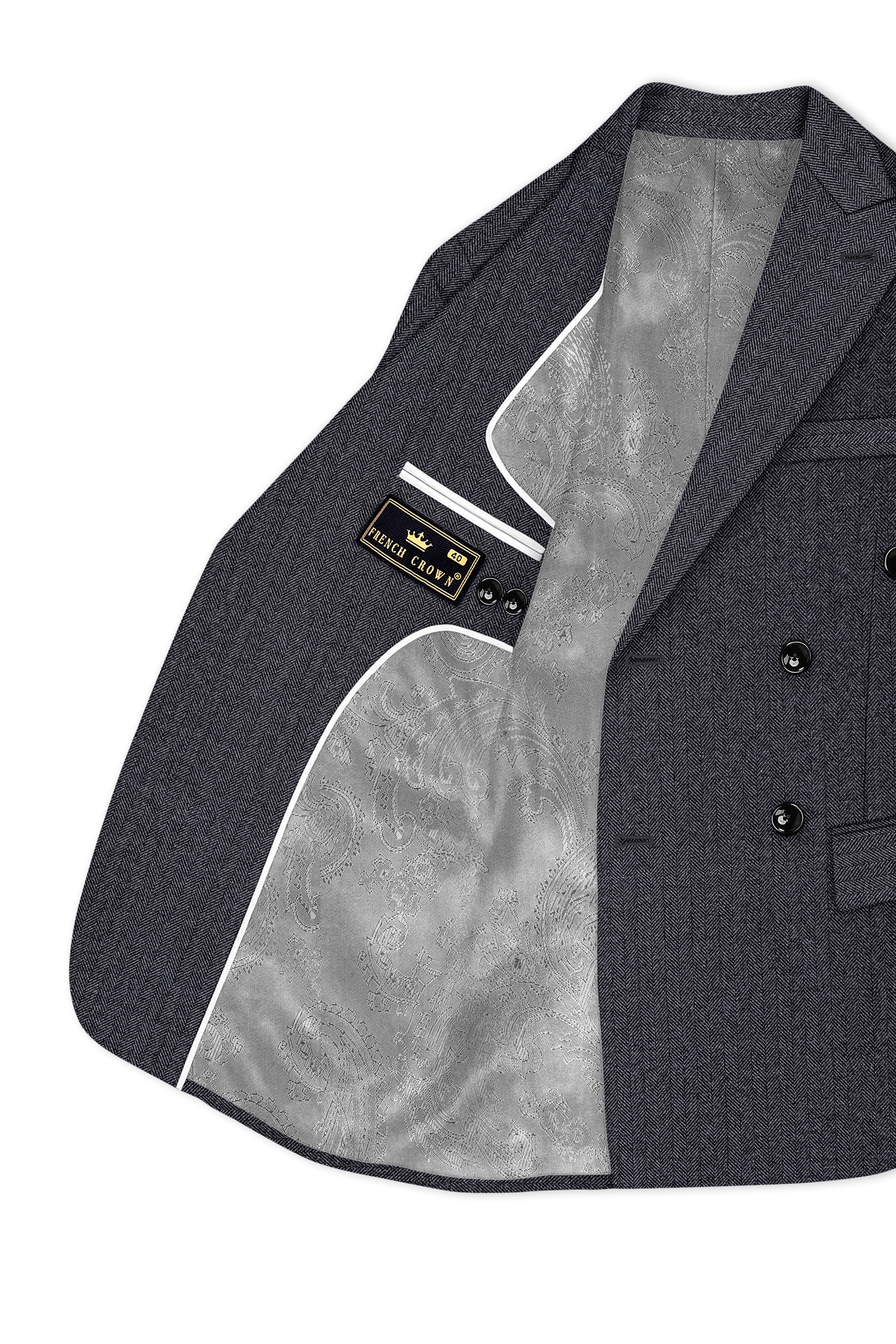 Silvoro-Iridium Gray Herringbone Textured Tweed Double Breasted Blazer