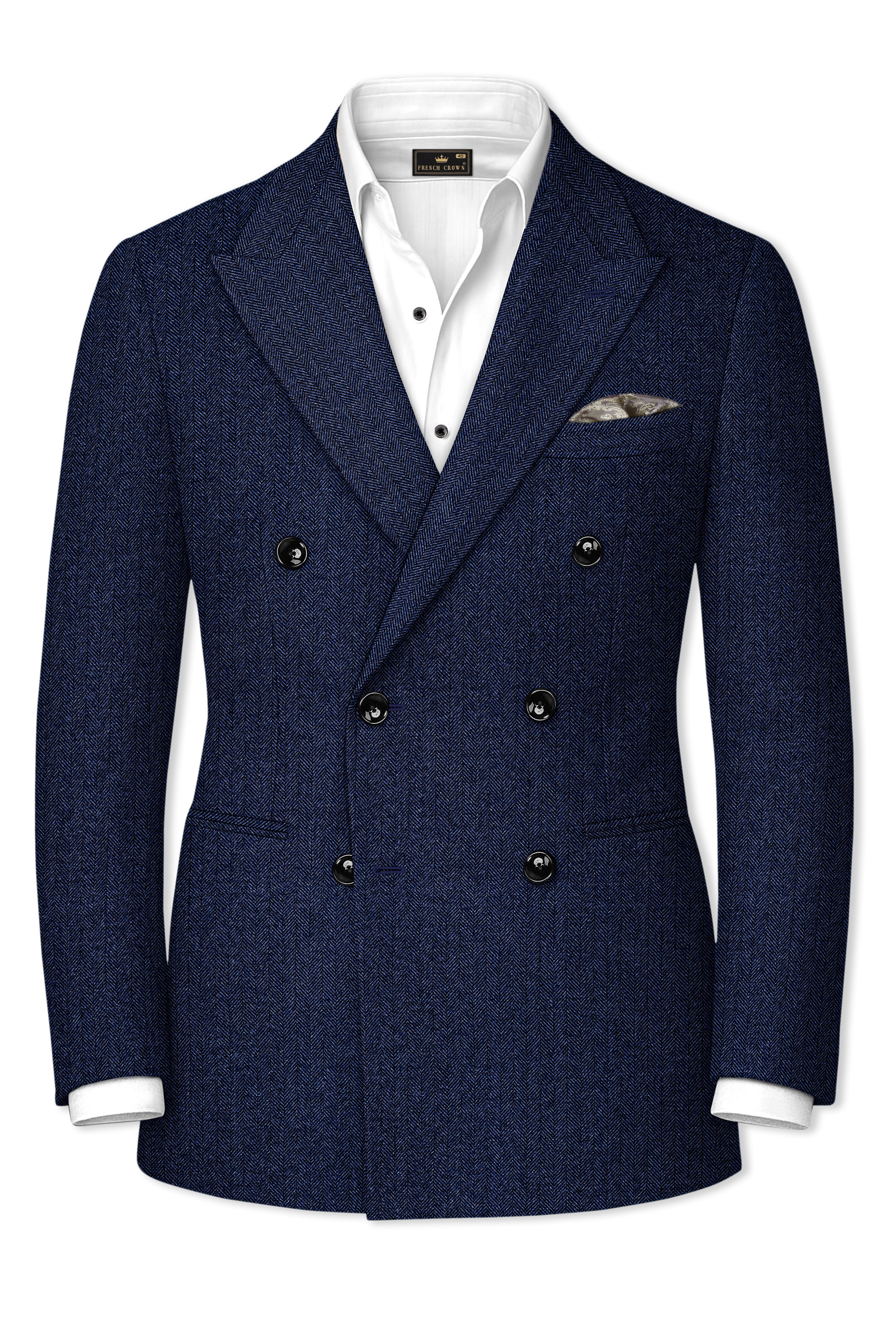 Aurevu-Vulcan Blue Herringbone Textured Tweed Double Breasted Blazer