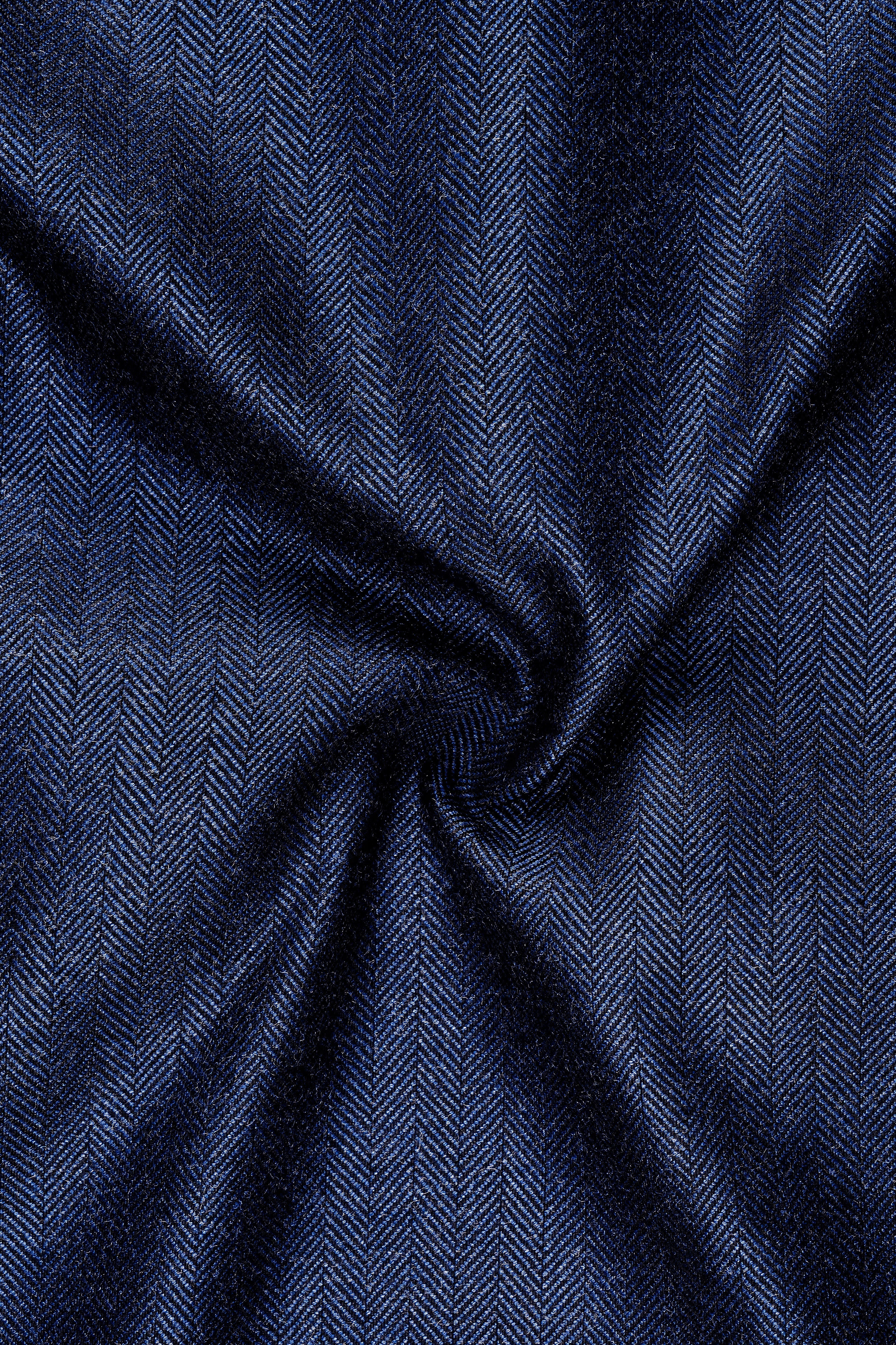 Aurevu-Vulcan Blue Herringbone Textured Tweed Double Breasted Blazer