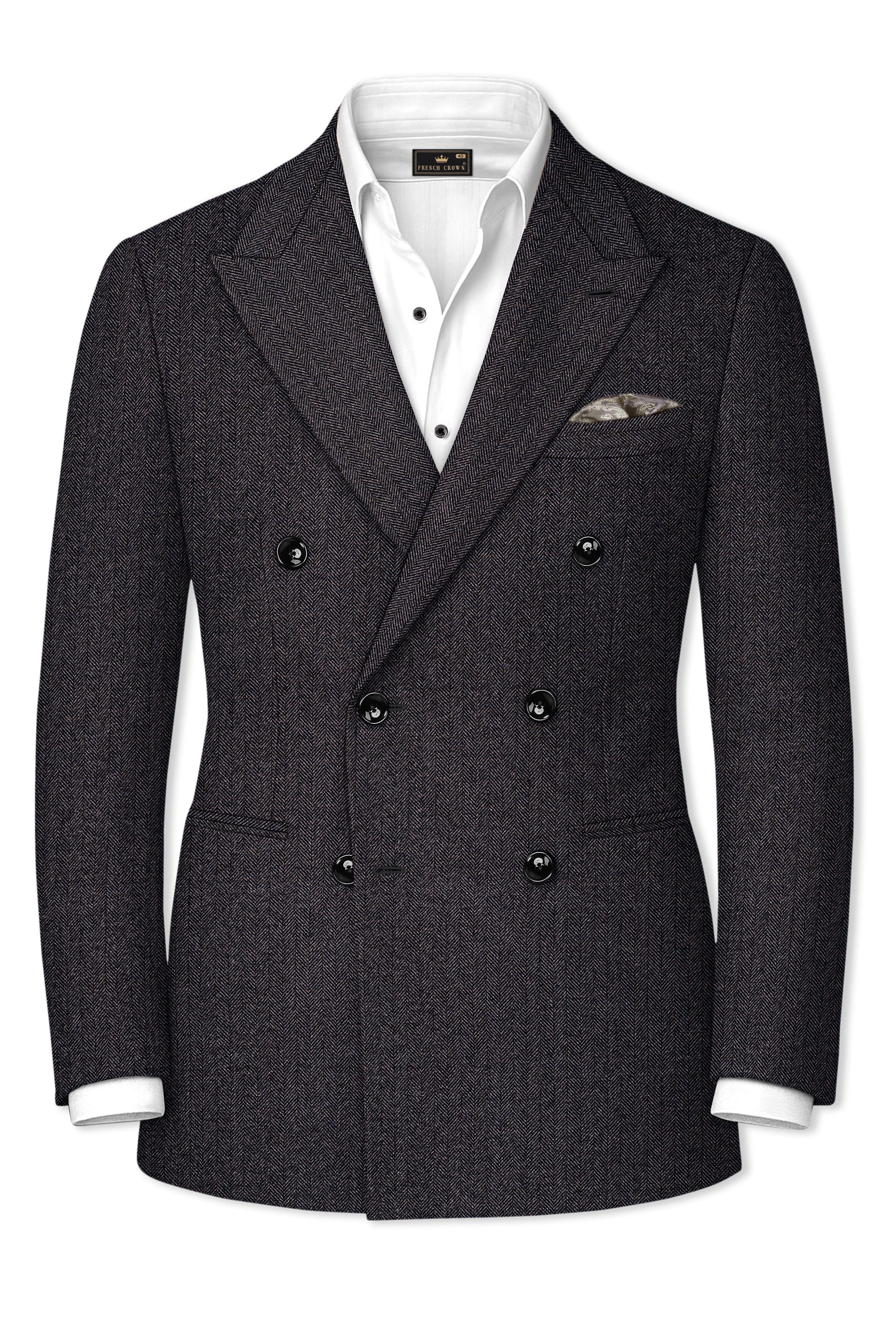Aurezion-Zeus Brown Herringbone Textured Tweed Double Breasted Blazer