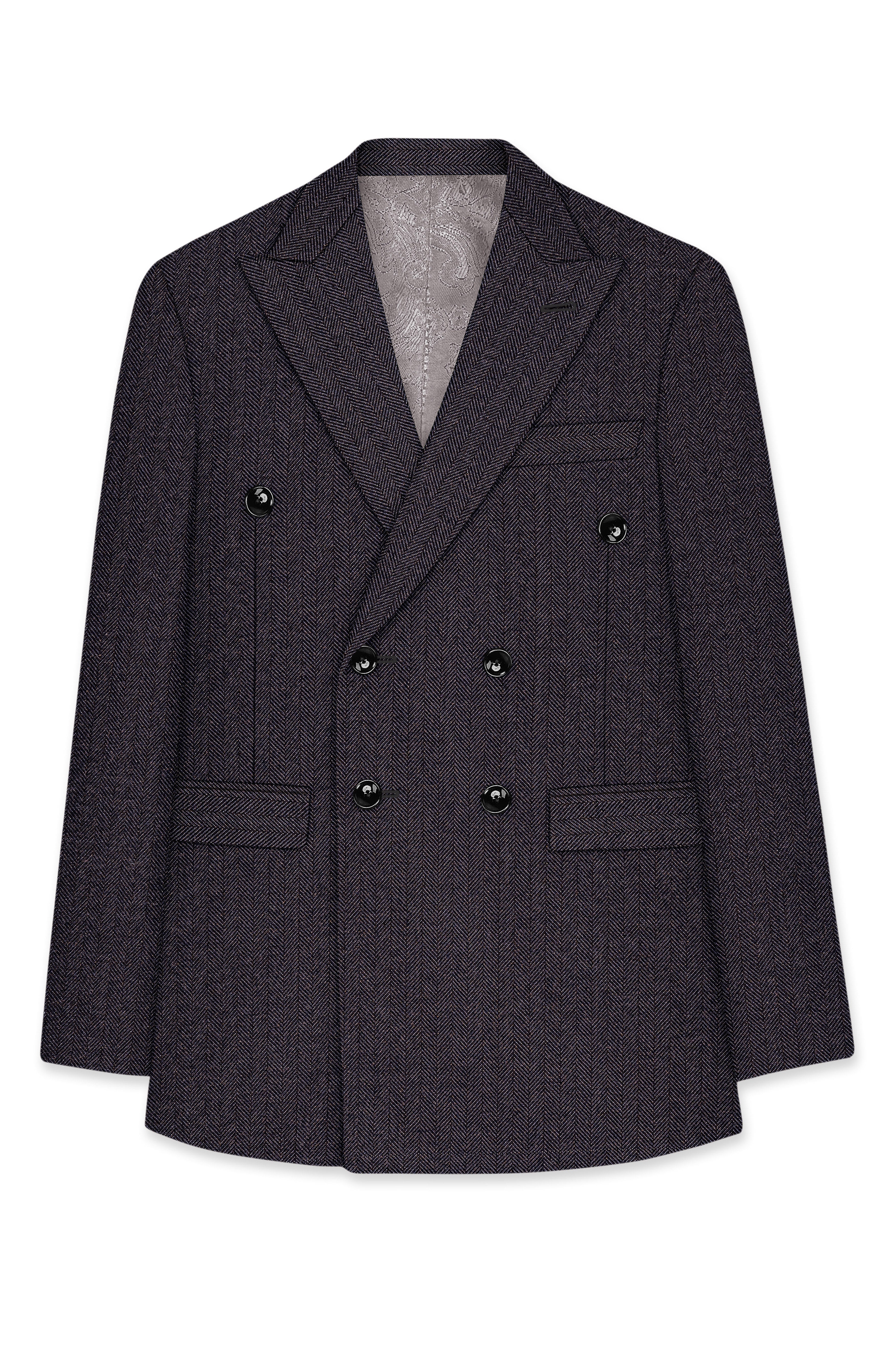 Aurezion-Zeus Brown Herringbone Textured Tweed Double Breasted Blazer