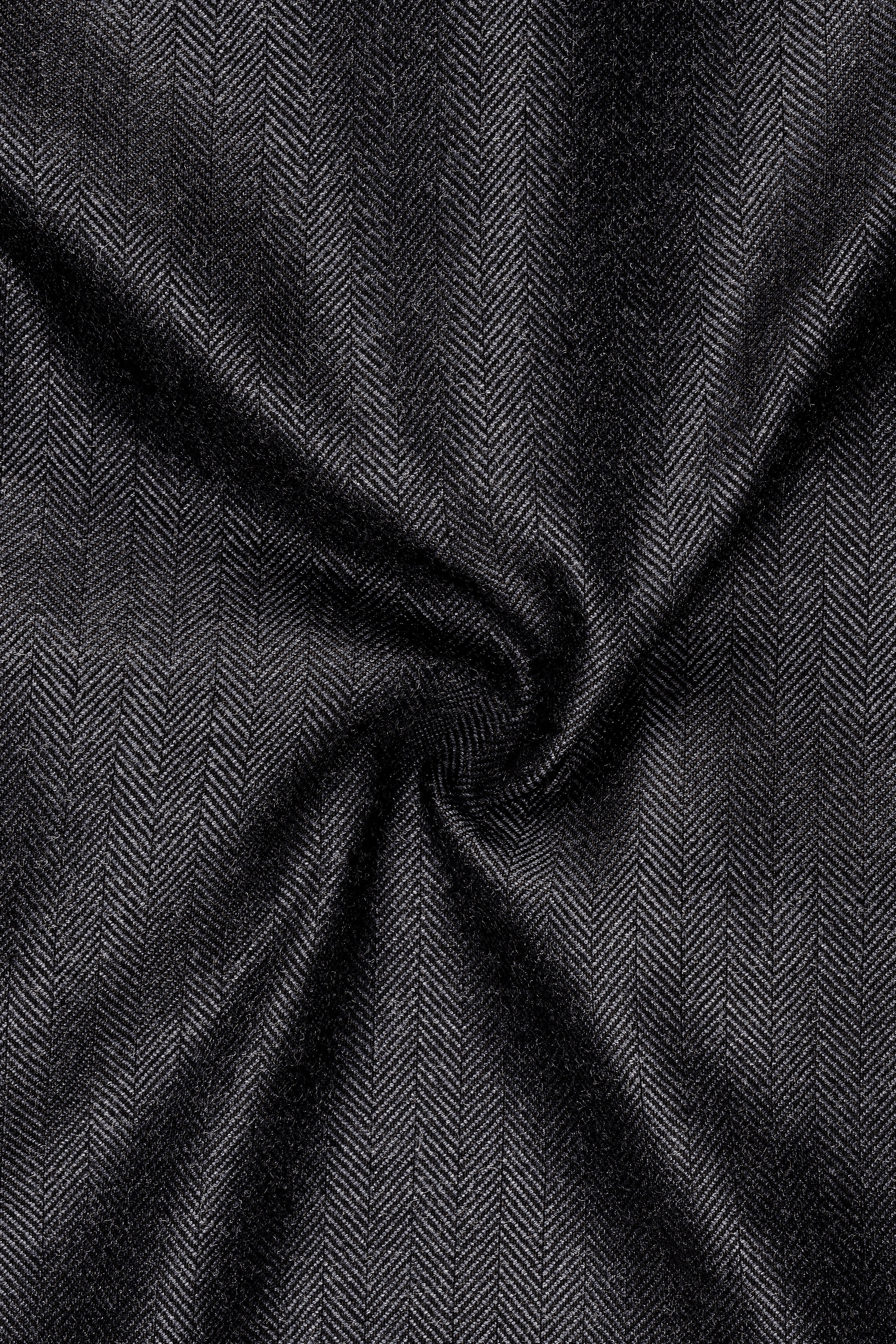 Imperion-Charcoal Gray Herringbone Textured Tweed Double Breasted Blazer